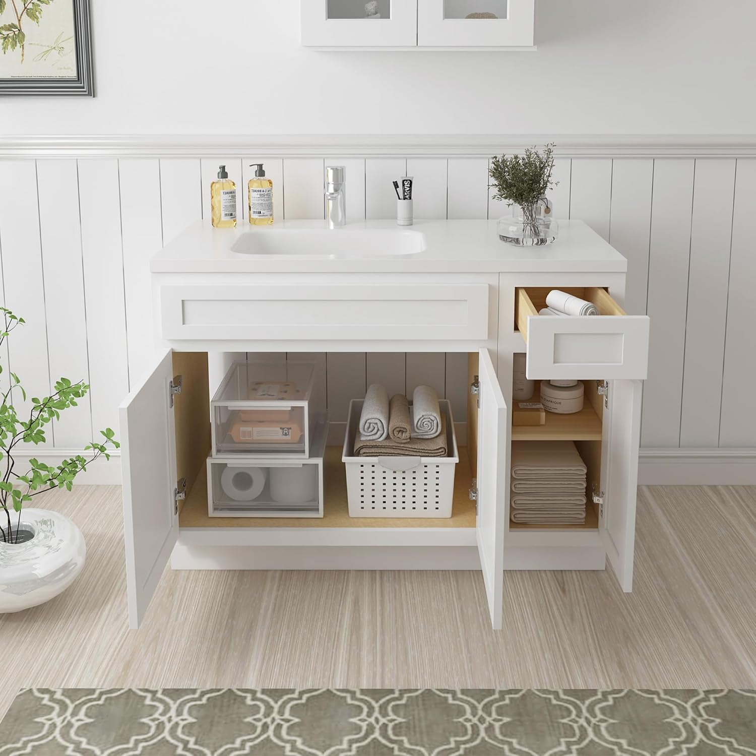 Vanity Art 45" Unassembled Bathroom Vanity Base Only, Wood Bathroom Vanity Cabinet with Soft Closing Shaker Drawer, Sturdy Floor Mounted Cabinet Without Top, White VA4033&VA4012-1