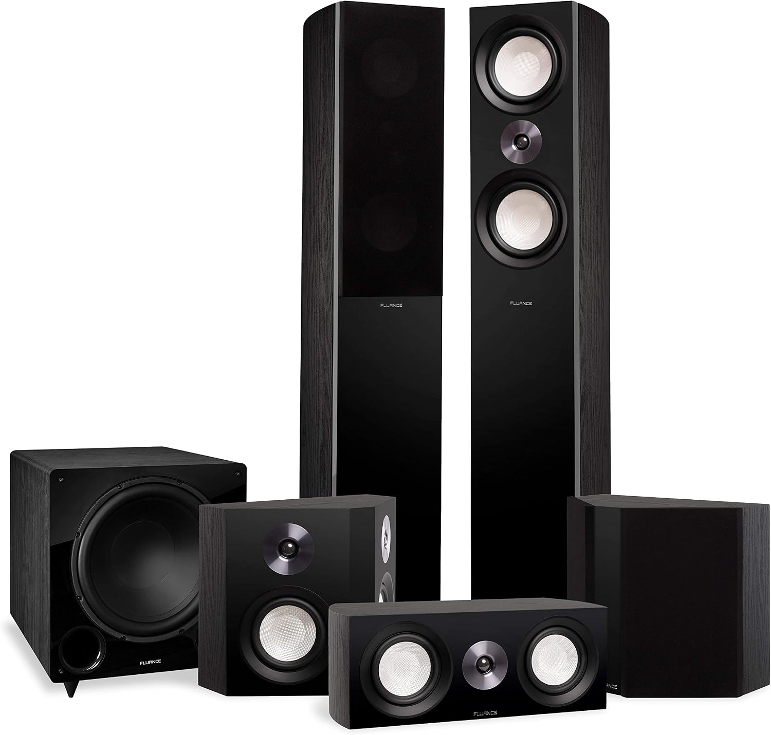 Fluance Reference Surround Sound Home Theater 5.1 Channel Speaker System Including 3-Way Floorstanding Towers, Center Channel, Bipolar Speakers and DB12 Subwoofer - Black Ash (X851BB)
