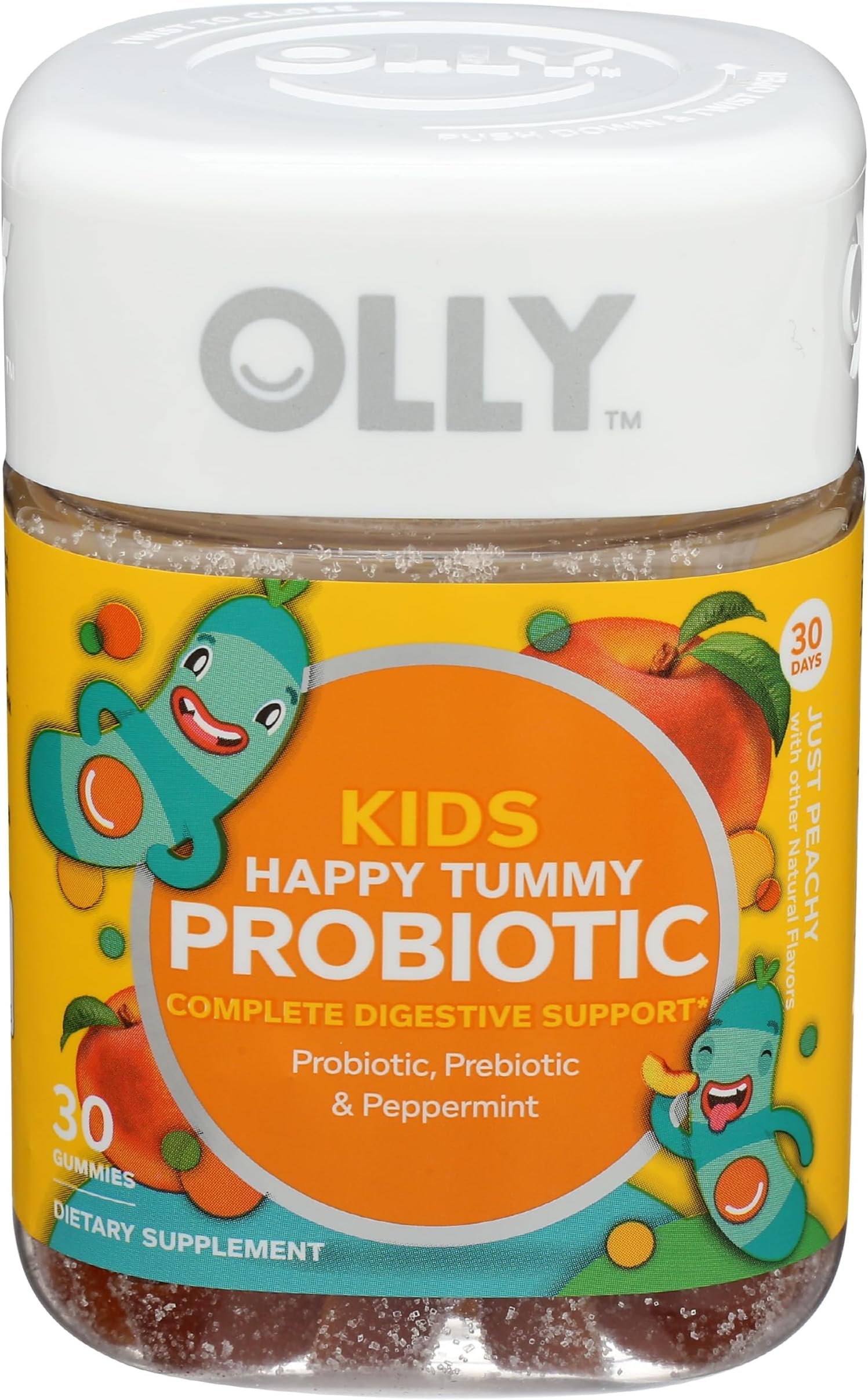OLLY Kids Probiotic + Prebiotic Gummy, 30 Day Supply (30 Gummies), Just Peachy, Probiotics, Prebiotics, Peppermint, Chewable Supplement