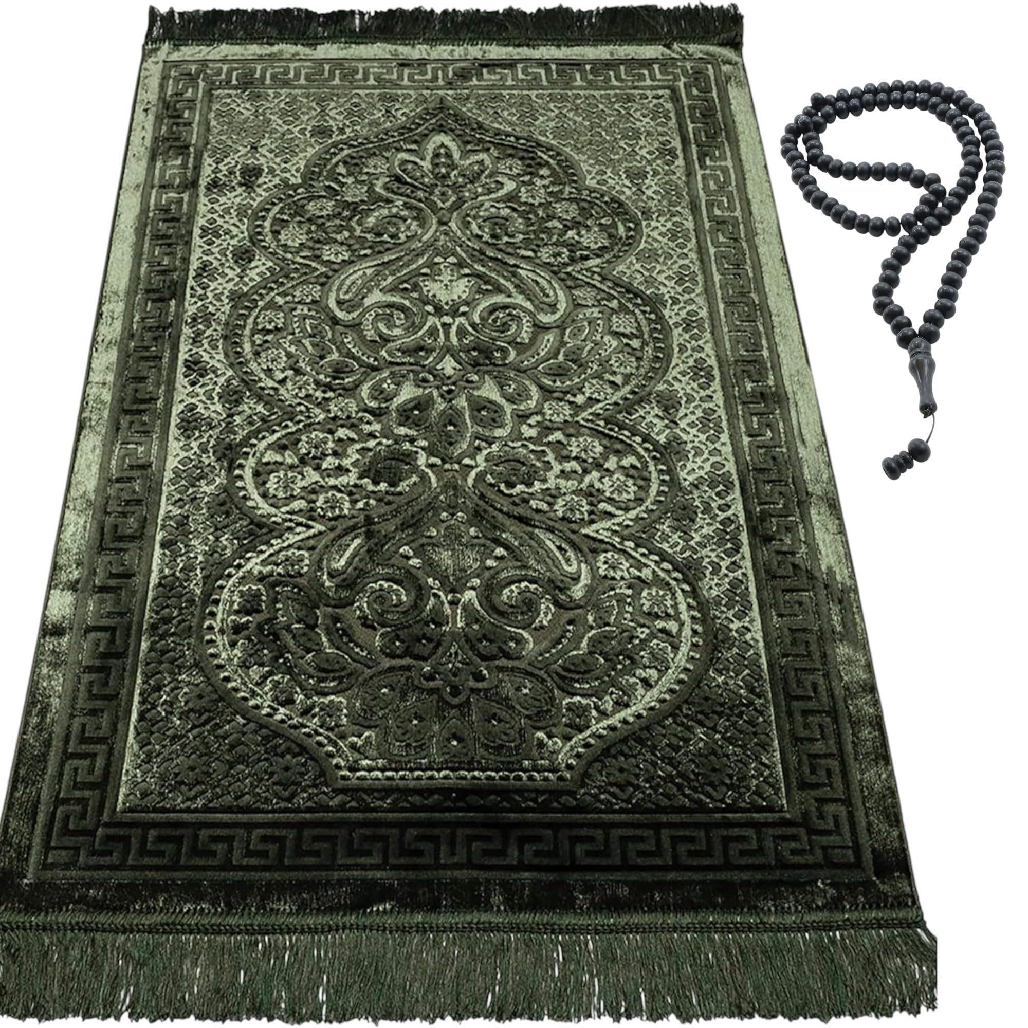 Modefa Luxury Velvet Prayer Rug with Prayer Beads | Soft Elegant Muslim Turkish Janamaz Sajada Carpet for Men and Women | Plain Solid Prayer Mat Ramadan Eid Gift - Paisley (Dark Green)