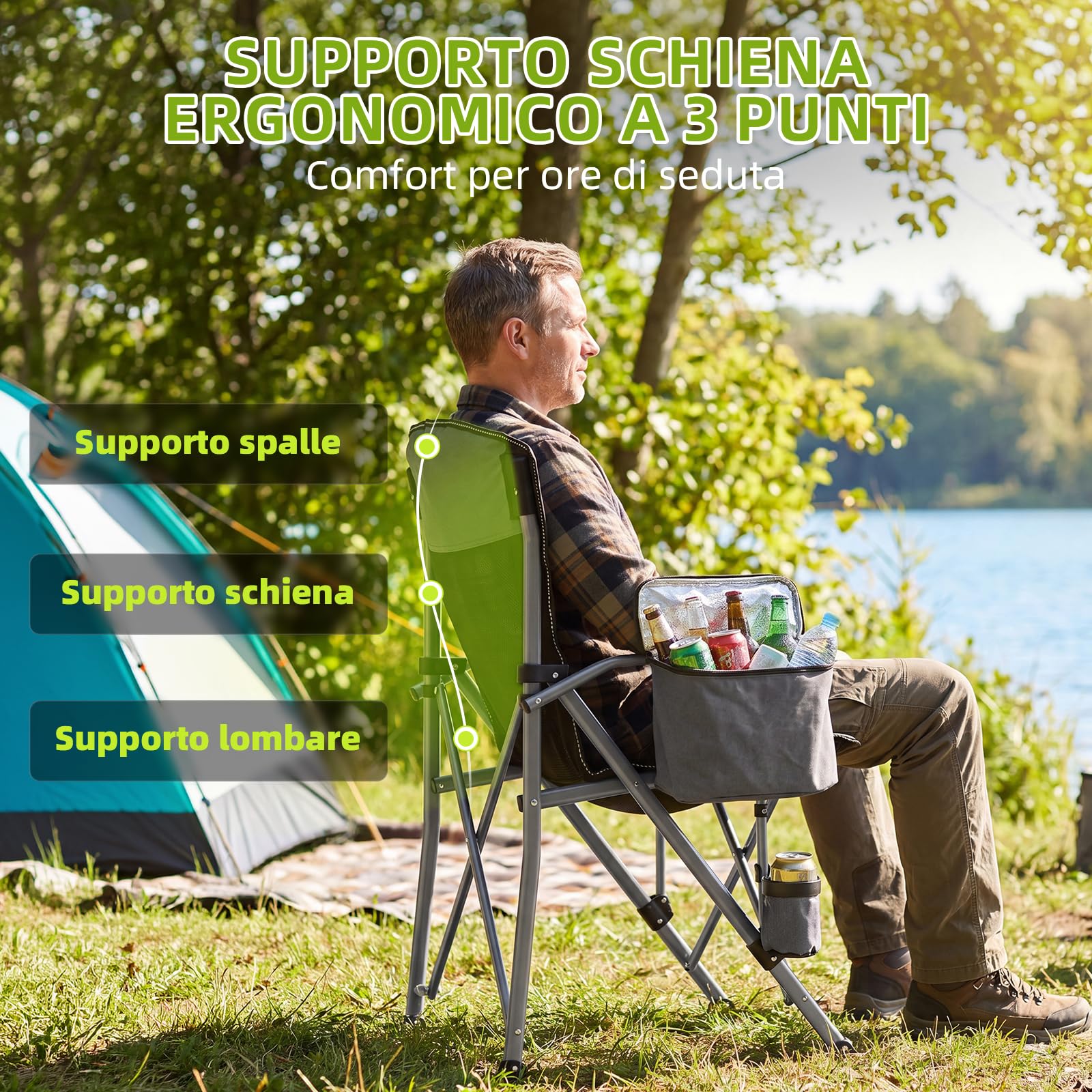 Sedia da campeggio pieghevole, 200 kg, XXL, con schienale alto, comoda sedia da campeggio con portabicchieri, borsa per ghiaccio, leggera, per campeggio, escursionismo, spiaggia, Set di 1