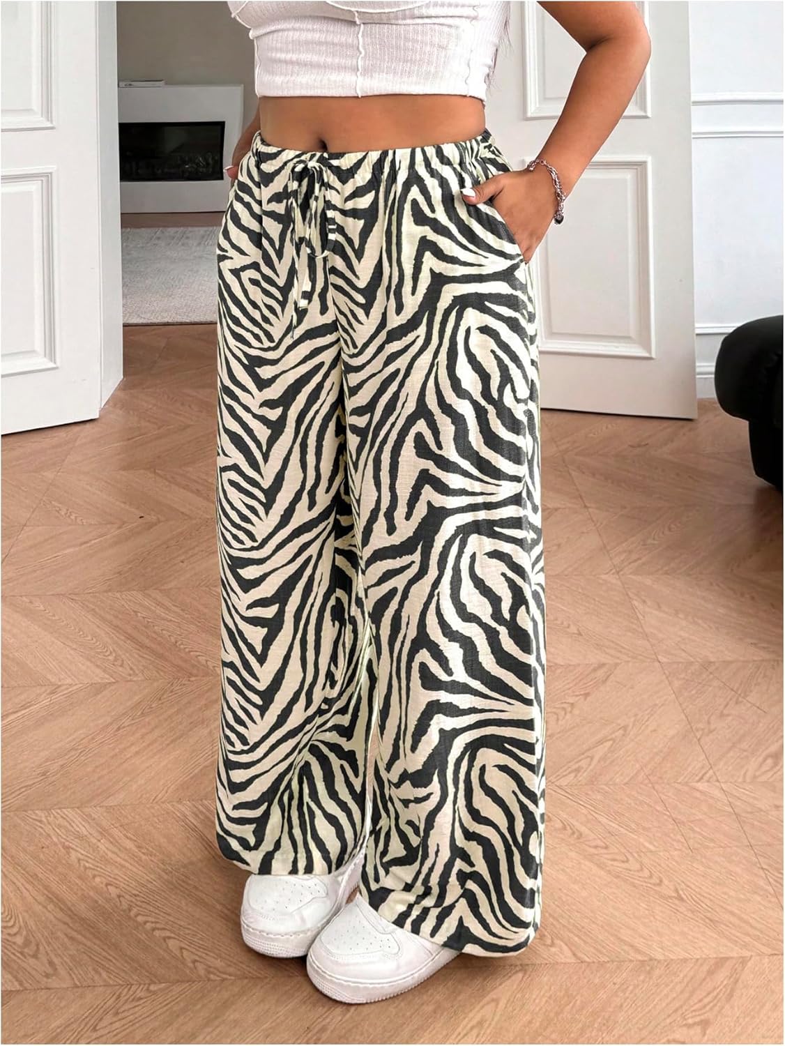 Floerns Women's Plus Size Casual Zebra Print Wide Leg Pants Drawstring Lounge Baggy Pant - Image 2