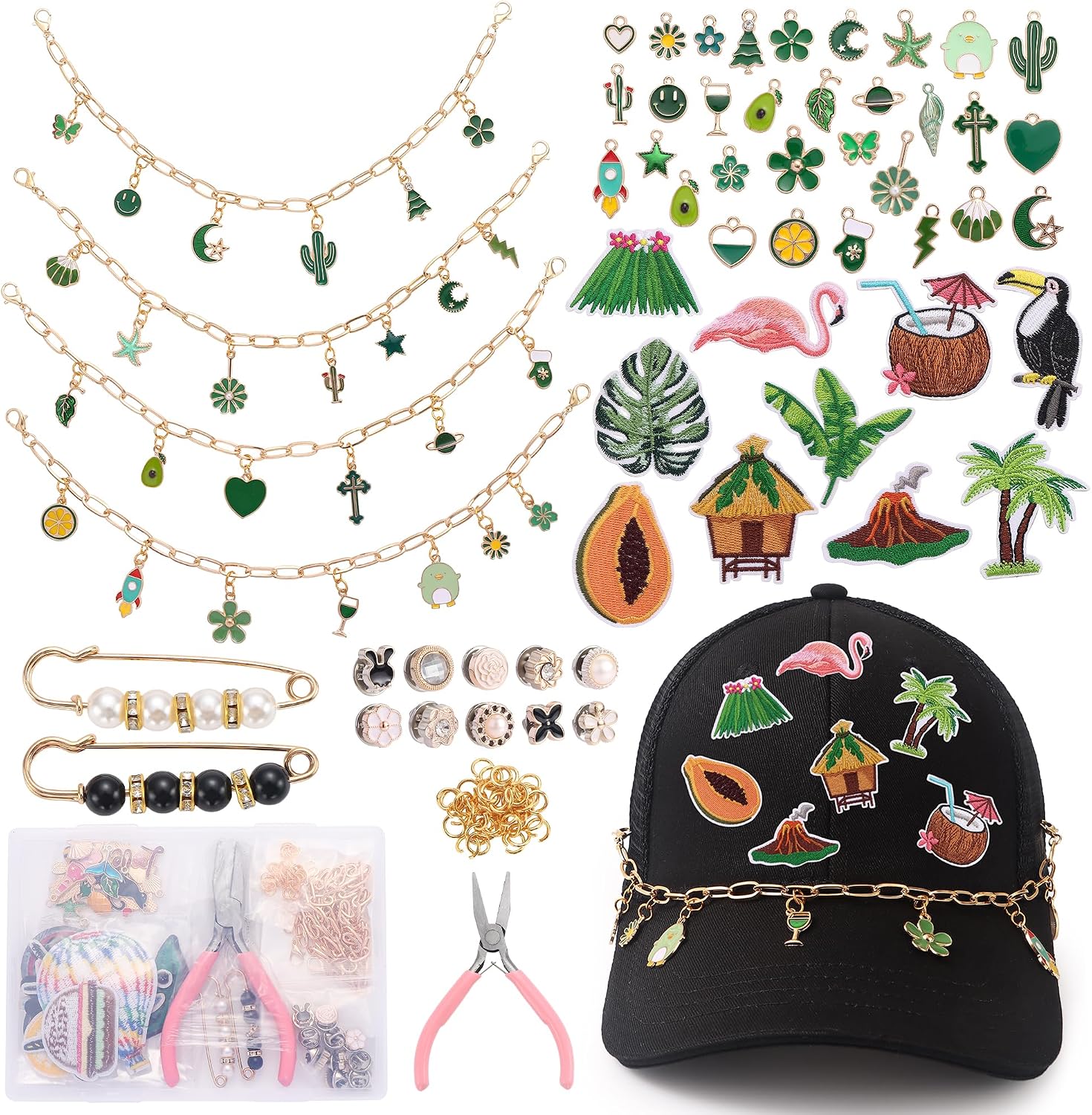 Quorineo Trucker Hat Chains & Embroidered Iron On Patches Kit - 97PCS DIY Decorative Set with Metal Charms for Custom Hats (Women Teens Men) Green Series