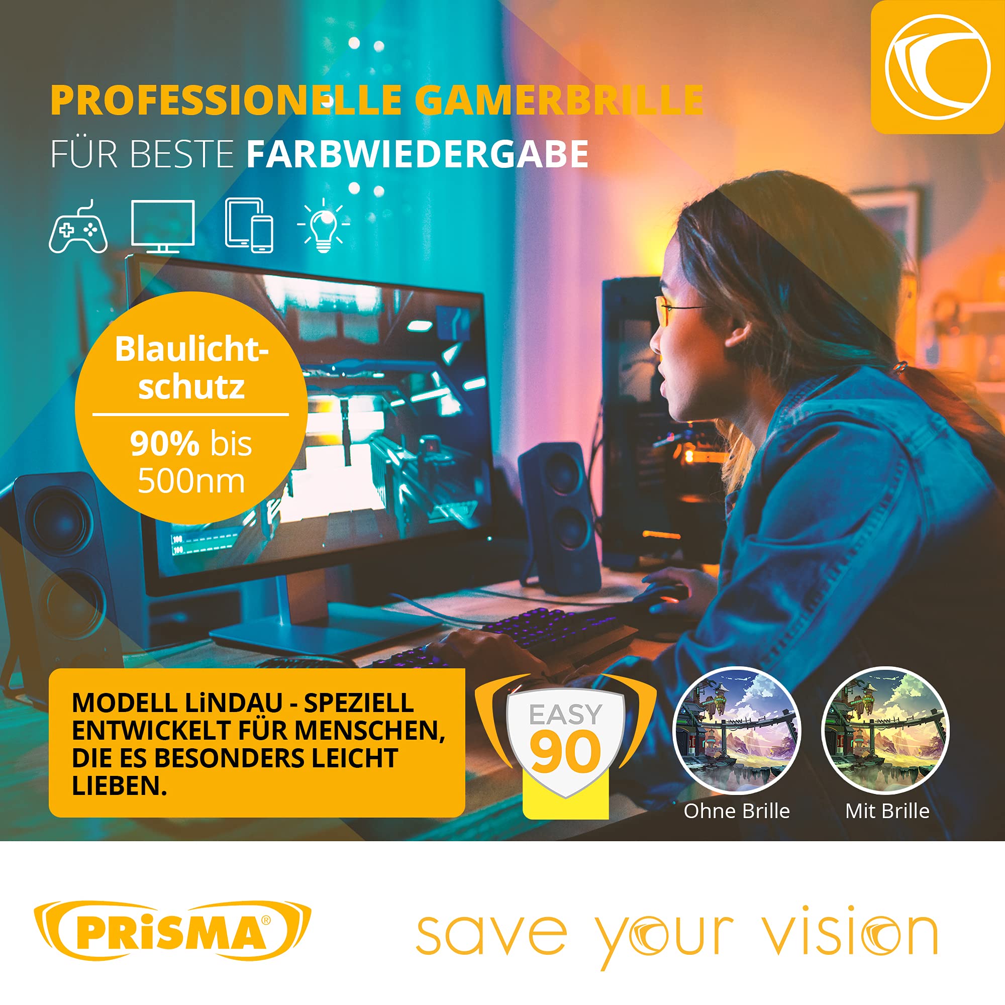 PRiSMA LiNDAU EASY90 Occhiali Filtro Luce Blu per Computer Gaming, Occhiali Schermo con Filtro Luce Blu, Occhiali da Giocatore Antiaffaticamento L702