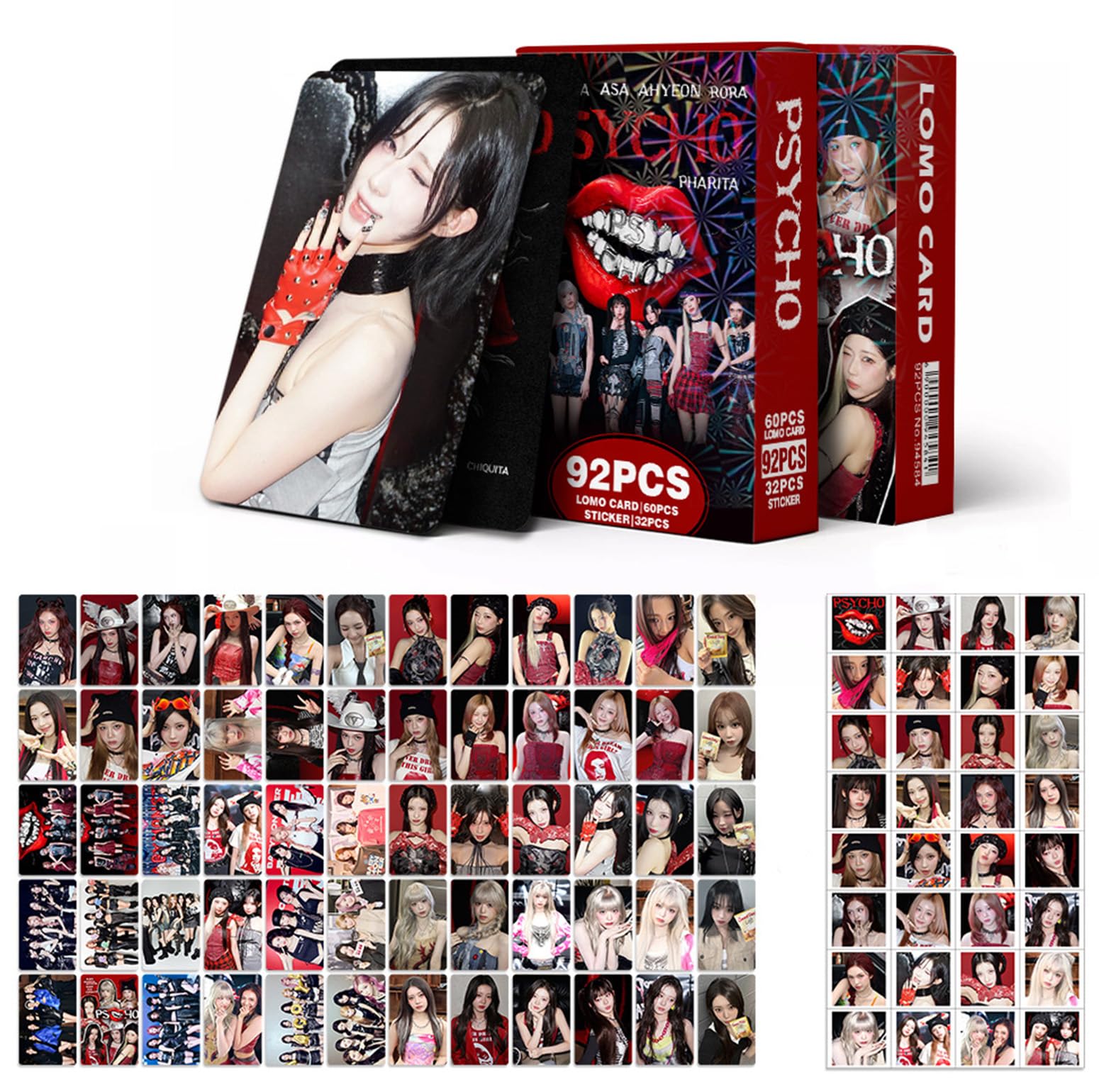 BABYMONSTER Photocards, 60 Pieces BabyMonster Photo Cards, 32 Stickers, BM PSYCHO New Album Cards, Baby Monster Photo Cards, Must-Have for Fans (Red)