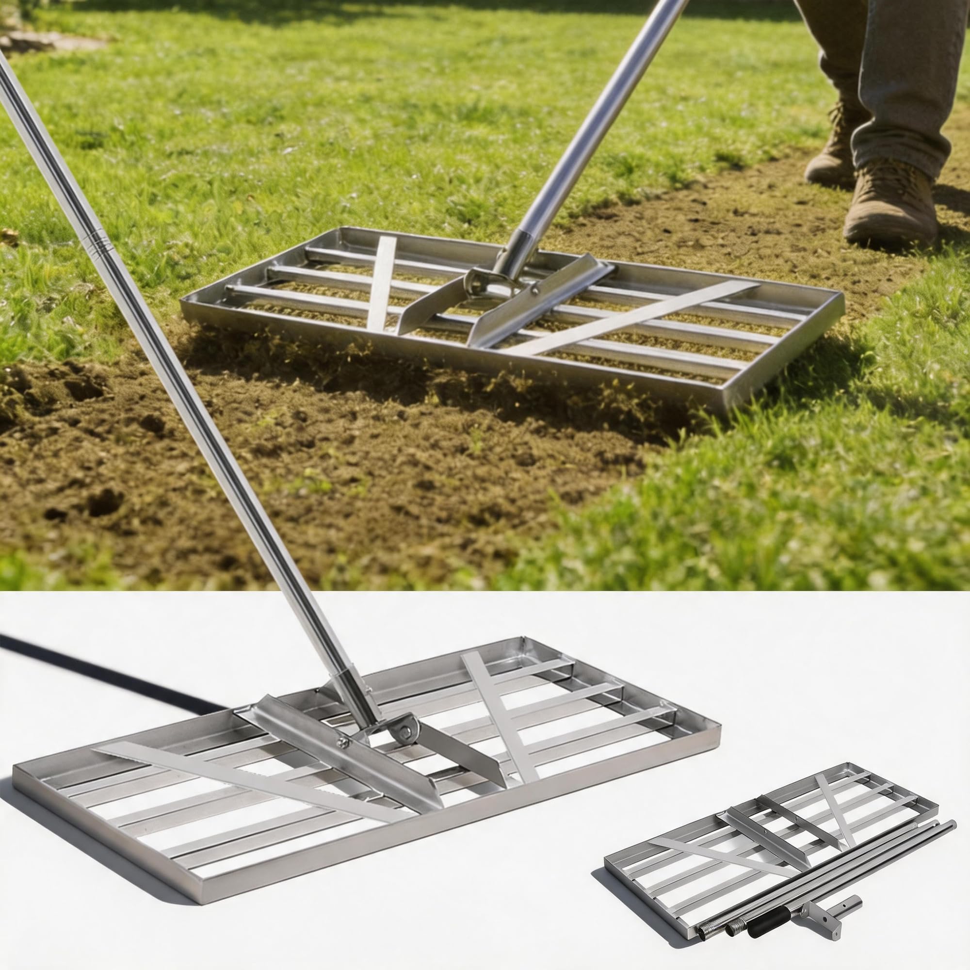 Rasqueta XXL de 85 x 35 cm, con mango ajustable de 2 m, rasqueta para césped, arenas, nivelador de jardín, rasqueta para césped, para patio, jardín, golf