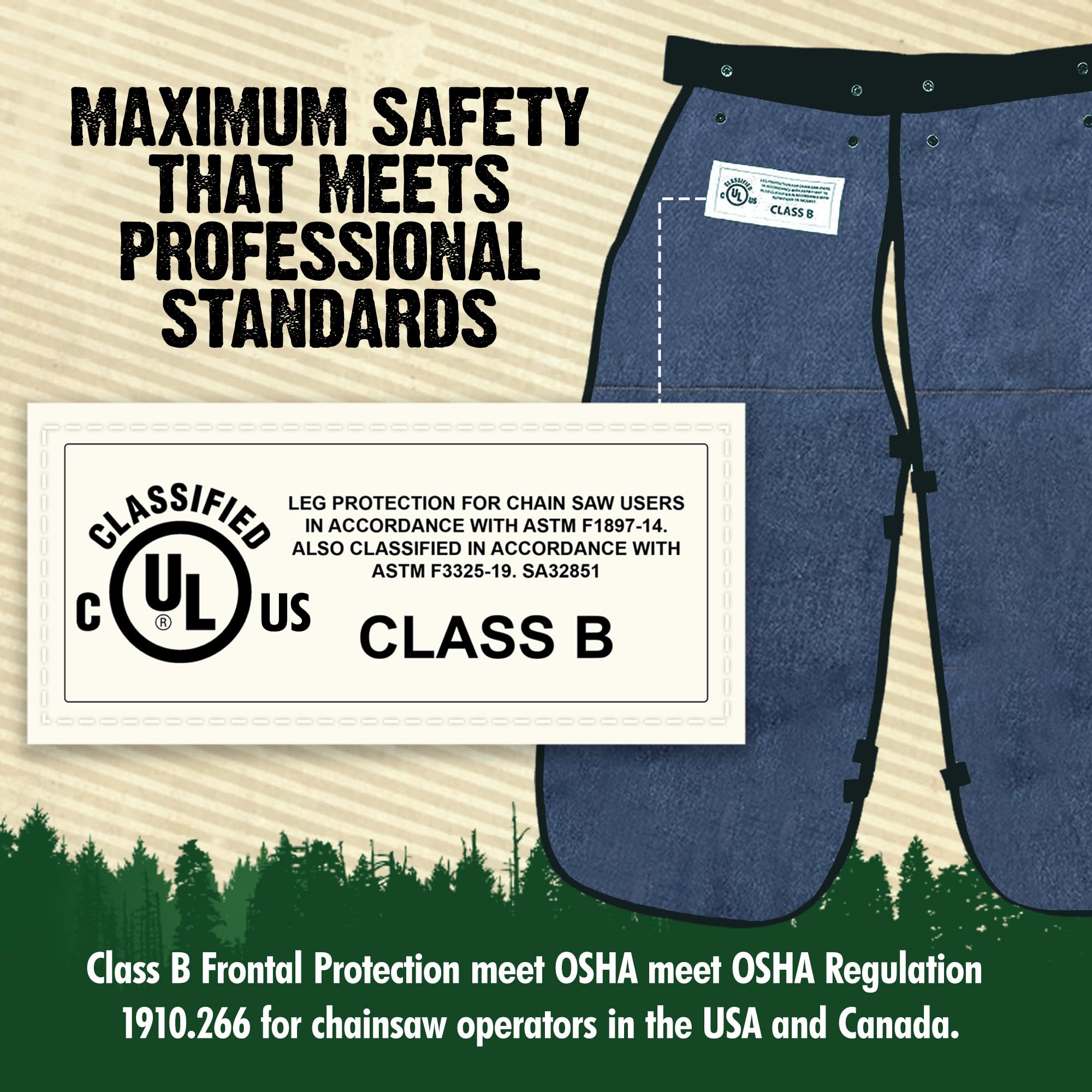 FORESTER Kettensägen-Chaps für Damen und Herren, Schürzen-Chaps mit Tasche und verstellbarer Taille, Kettensägen-Sicherheitsausrüstung