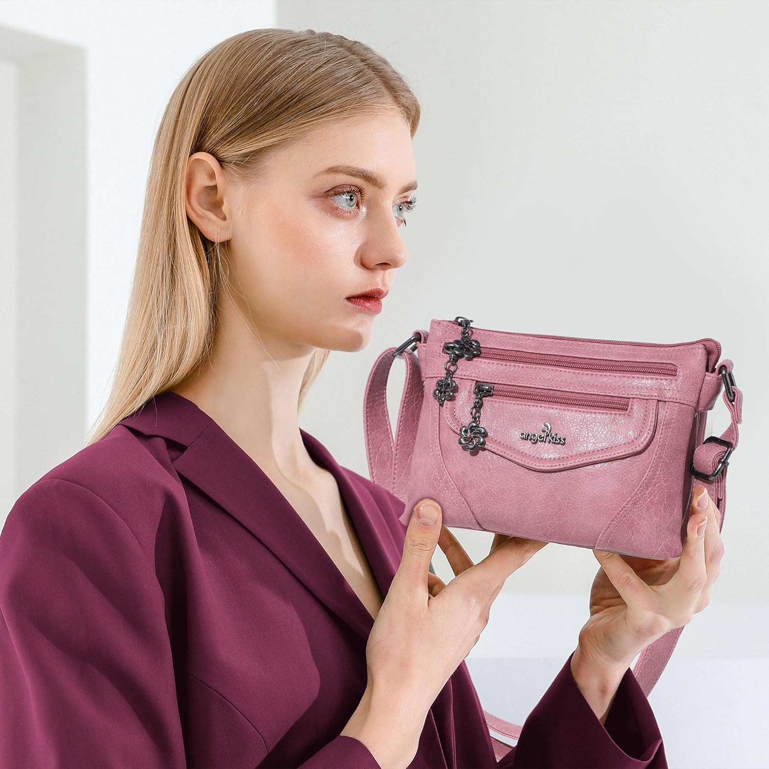 Angel Kiss Small Crossbody Bags for Women, Multi-Pocket Vegan Leather Purses, Lightweight Shoulder Bag with Adjustable Strap