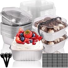 10oz Mini Cake Pans With Lids 50 Pack ,Aluminum Foil Square Brownie Baking Cups,4x4 Disposable Loaf Pans With Lids and Spoons Stickers,Large Cupcake Pans Muffin Cake Tins Cake ContainerSilver