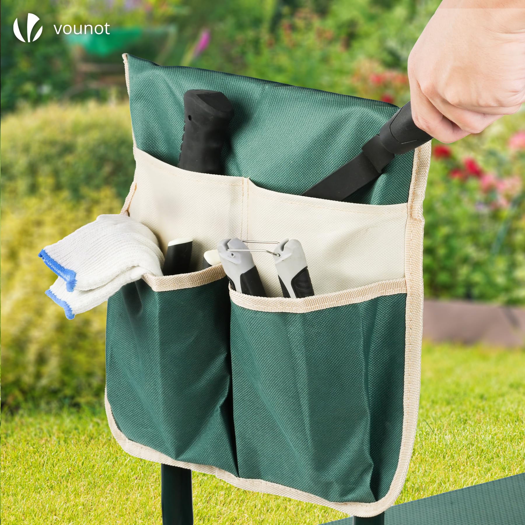 vounot® Banc de Jardinage Pliable 2 en 1 Tabouret Agenouilloir de Jardin avec Pochette de Rangement pour Outils Siège avec Coussin Doux en EVA pour Le Jardinage Extérieur Vert