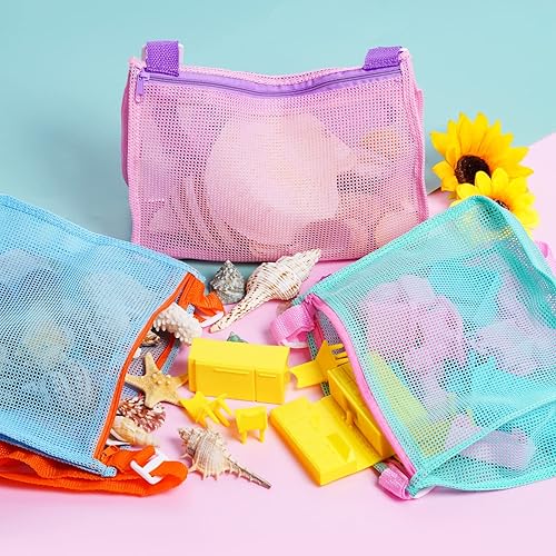 Miniatura 6 de Yookat Paquete de 5 bolsas de malla para juguetes de playa conchas para niños bolsa de recolección ajustable de malla de juguete bolsa de playa
