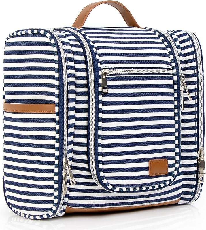 Necessaire de viagem suspensa Perlvin Alinne com 4 compartimentos, tecido listrado azul-marinho, gancho giratório e bolsos com zíper