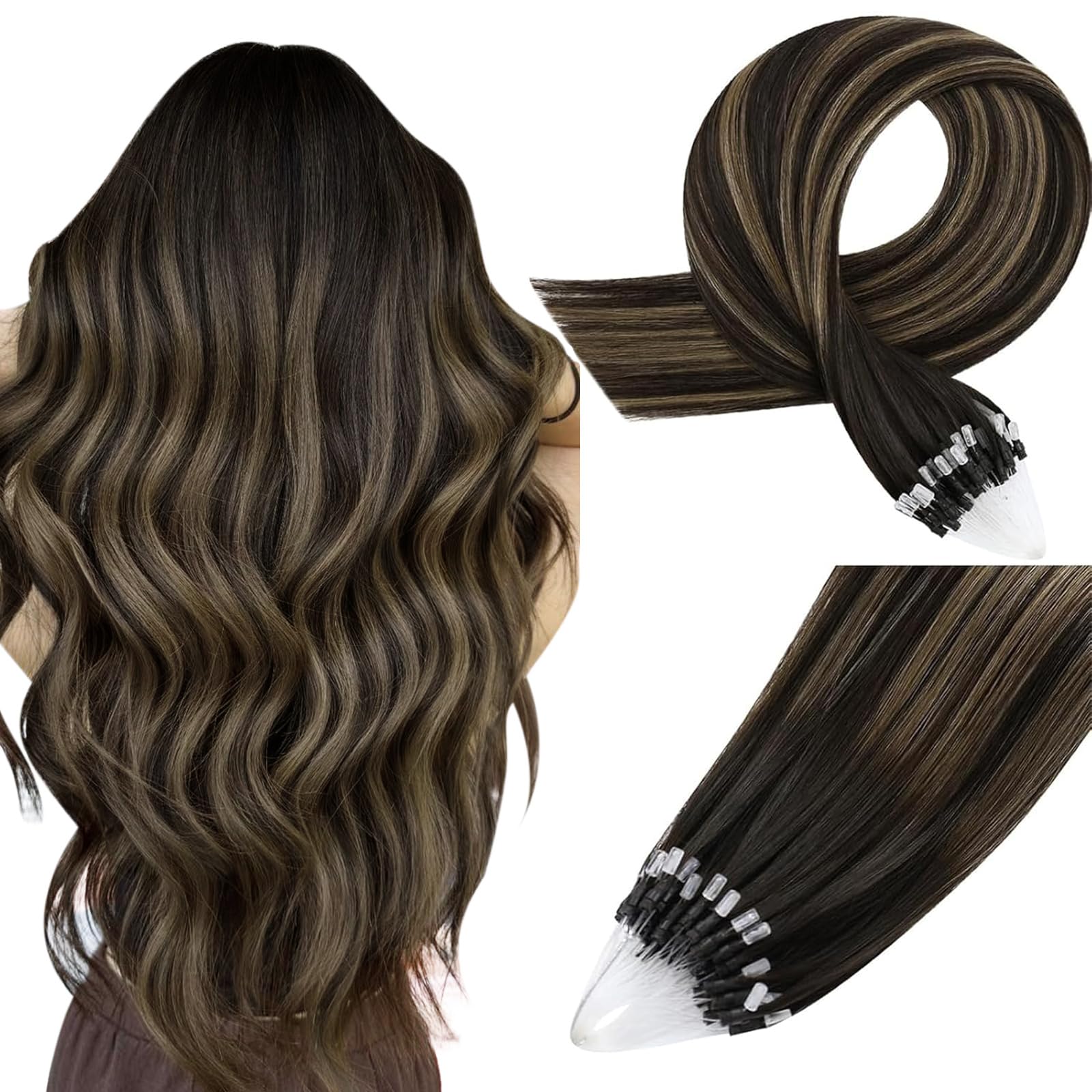 Easyouth Micro Hair Extensions Human Hair Balayage Micro Bead Hair Extensions Real Human Hair Dark Brown Balayage mix Medium Brown Microbead Hair