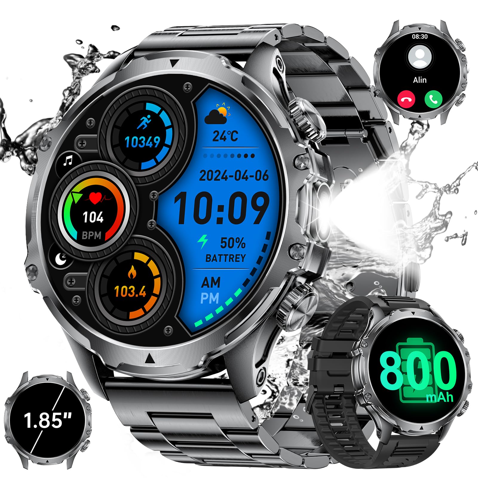 HIRREO Militare SmartWatch Uomo(Rispondi/Effettua Chiamate), Fitness Tracker con Torcia/800mAh Batteria /24H Cardiofrequenzimetro/Sonno/ SpO2/100+ Modalità Sport/5ATM Impermeabile per Android IOS