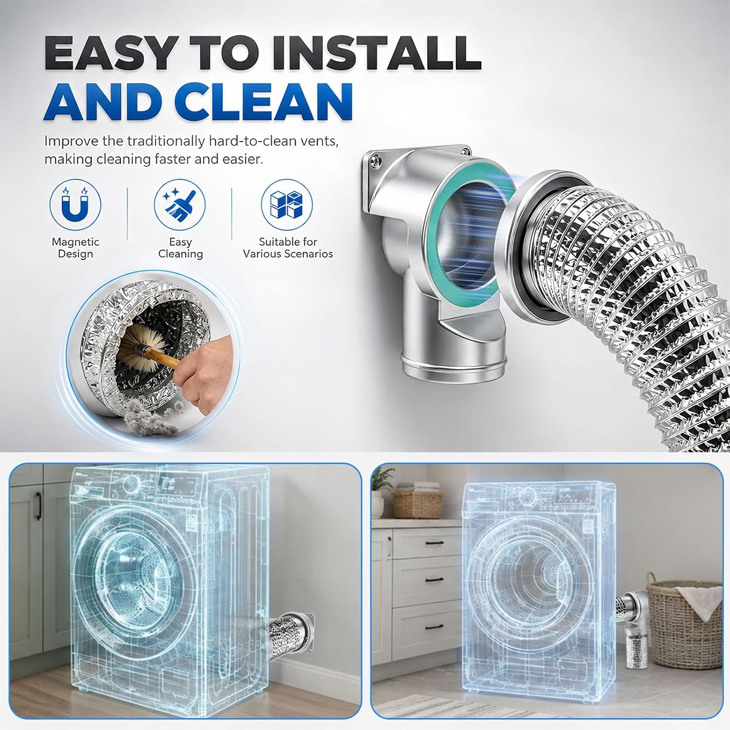 Magnetic Dryer Vent Kit, 4 Inch 90 Degree Quick Connect Vent Hose