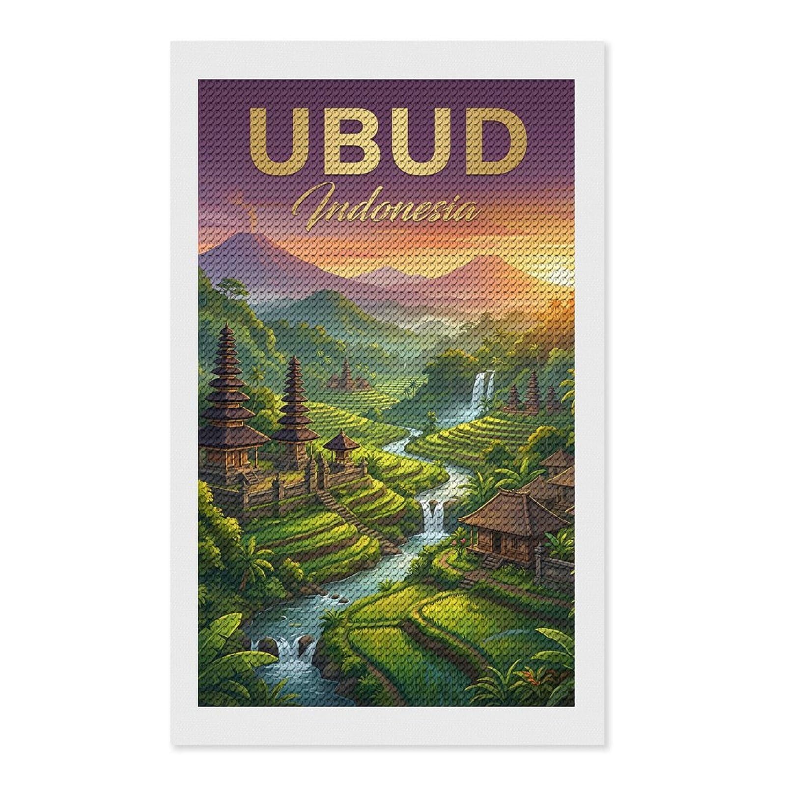 Junmoney Ubud Indonesia Rice Terraces Diamond Art Kit 12"x20", Vintage Style Decor, Stress Relief Craft, Decor Project, Relaxing DIY, Creative Hobby