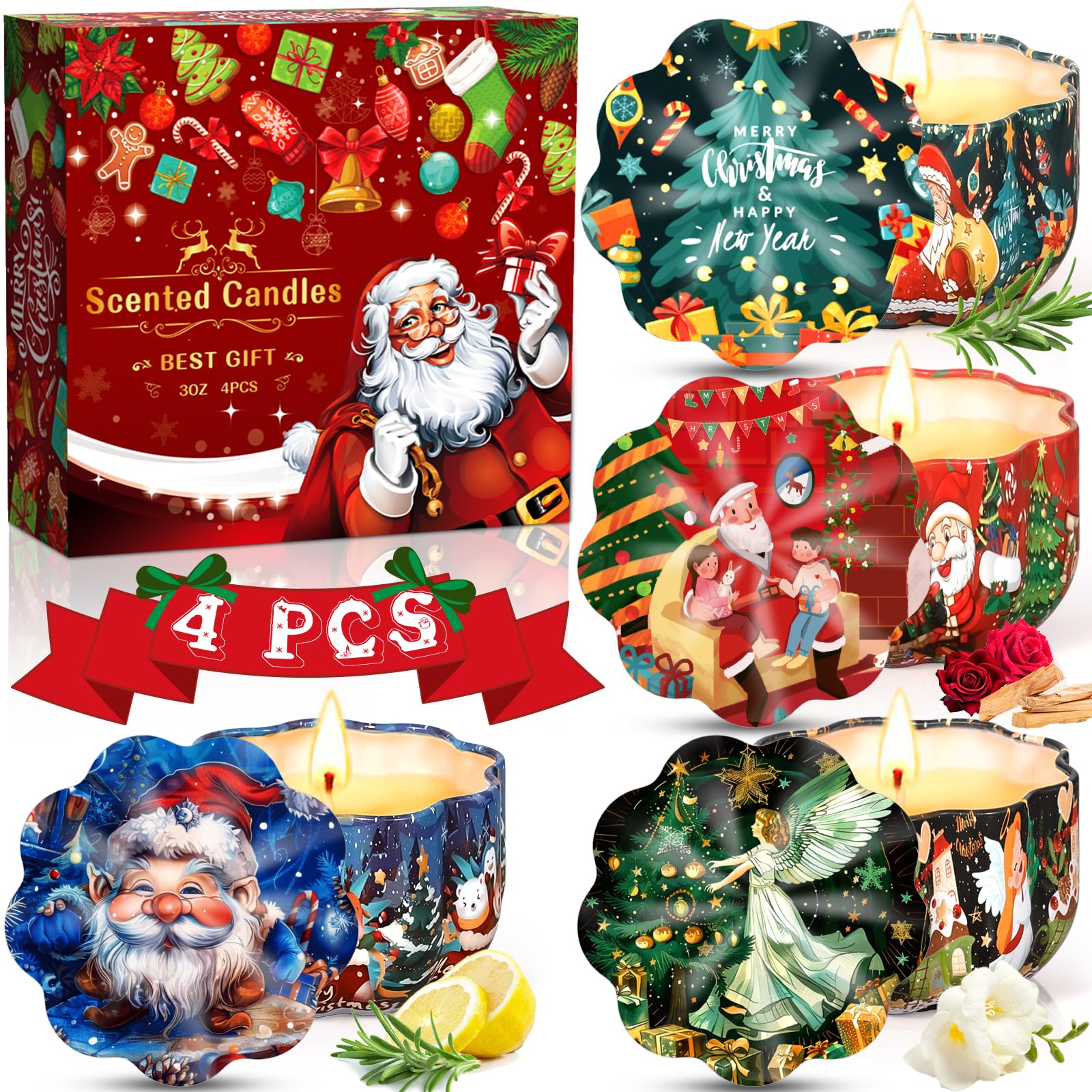 JEDWKFA Velas Aromáticas Navidad, 4 Piezas Velas Navideñas, Velas Perfumadas de Navidad Juego de Regalo, Cera de Soja Natural, Velas Aromáticas, Velas Decorativas para Fiesta Navidad