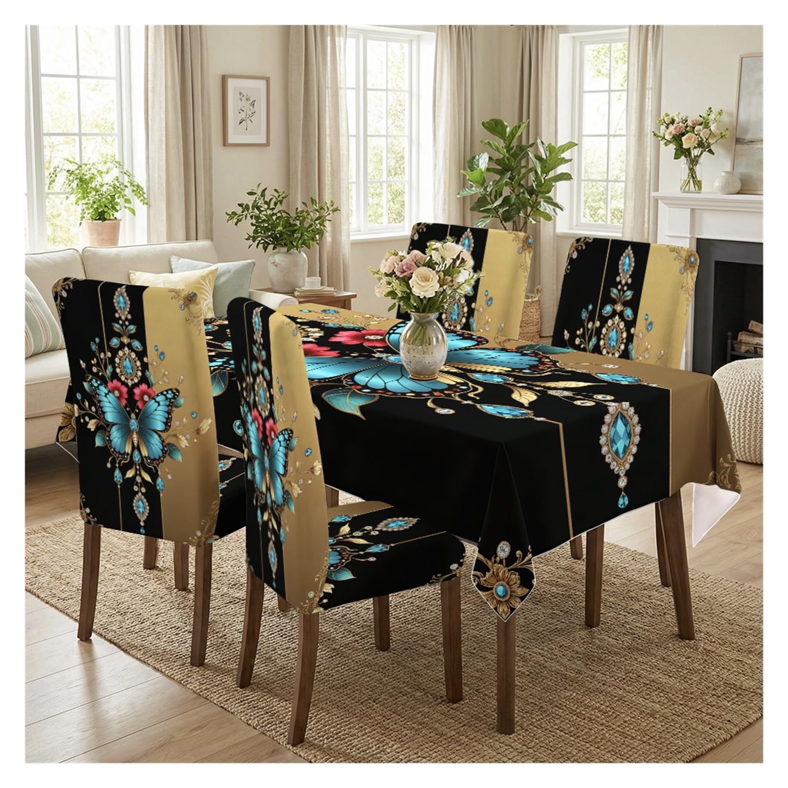 KXUAUV Luxury Butterfly Print Tablecloth & Chair Covers Set, Slipcovers For Dining Room, Kitchen, Banquet & Elegant Decor, 5/7 Pack Party Decor(5pcs Set: Tablecloth+Chair Covers)