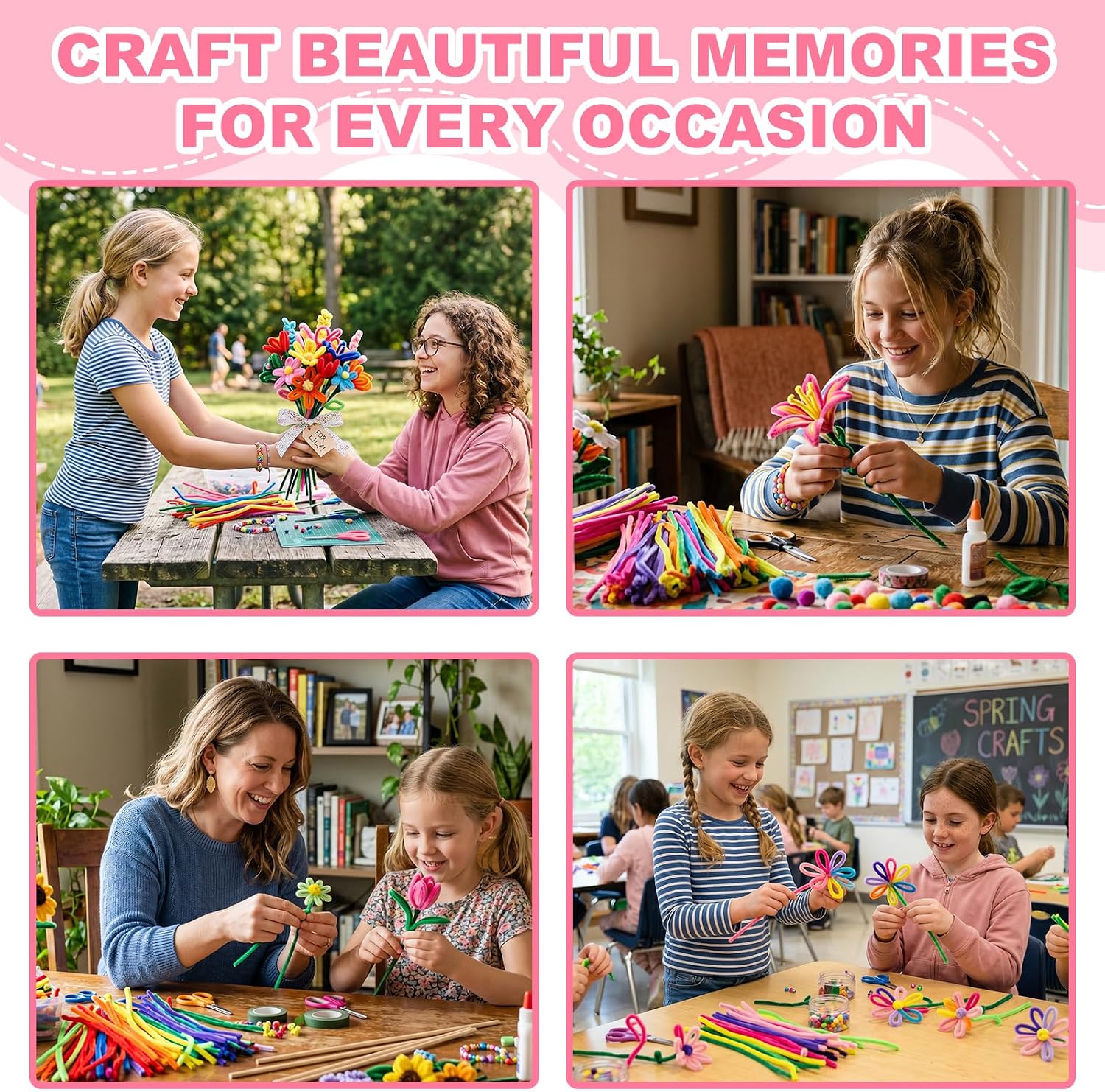baoinse 1379 Pcs Pipe Cleaner Flower Kit, 20 Colors Chenille Stems Flower Making Kit with 240 Stamens, Floral Wire, Tape, Pom Poms & Glue, Complete DIY Bouquet Craft Supplies with Video Tutorial