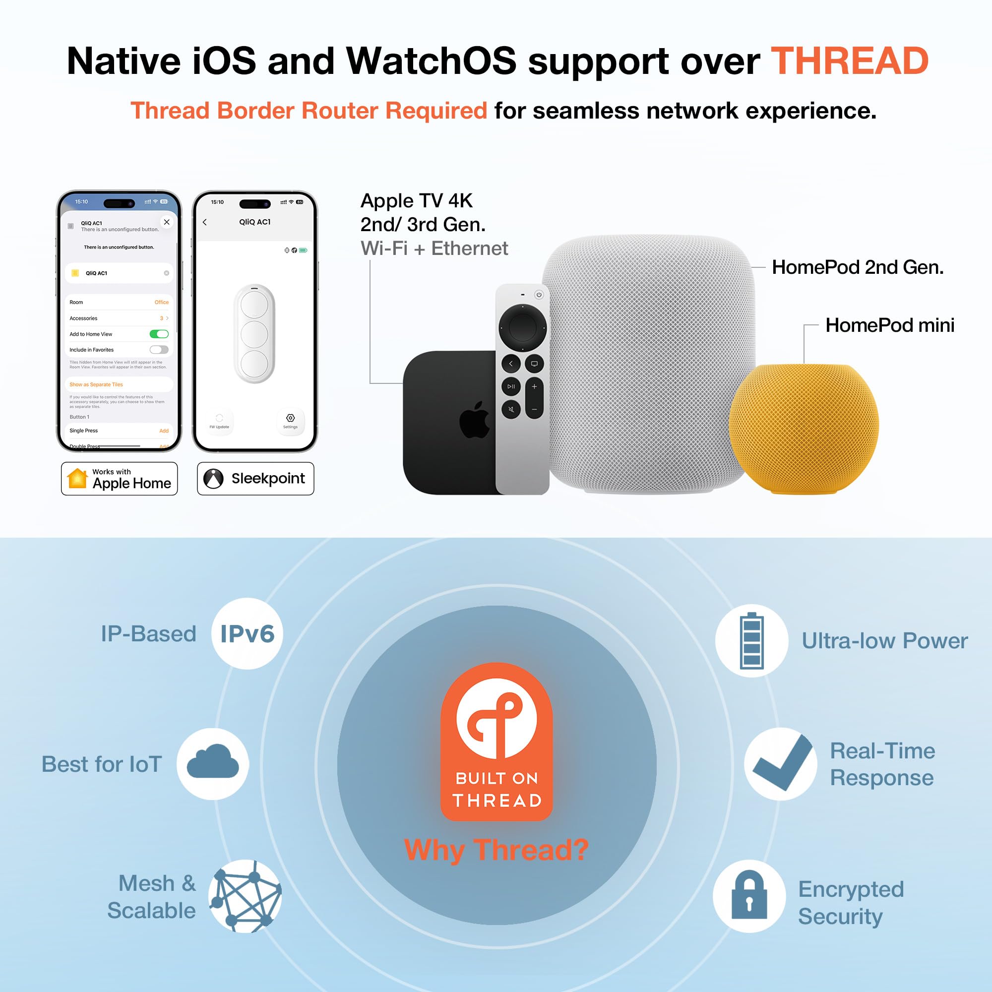Airversa Smart HomeKit Button Controller, 3-Tasten Smart Switch, Kompatibel mit Apple Home über Thread (Home Hub nötig), Auslöser für Ein/Aus, Szenen & Routinen, QliQ AC1 Weiß, 2 Pack