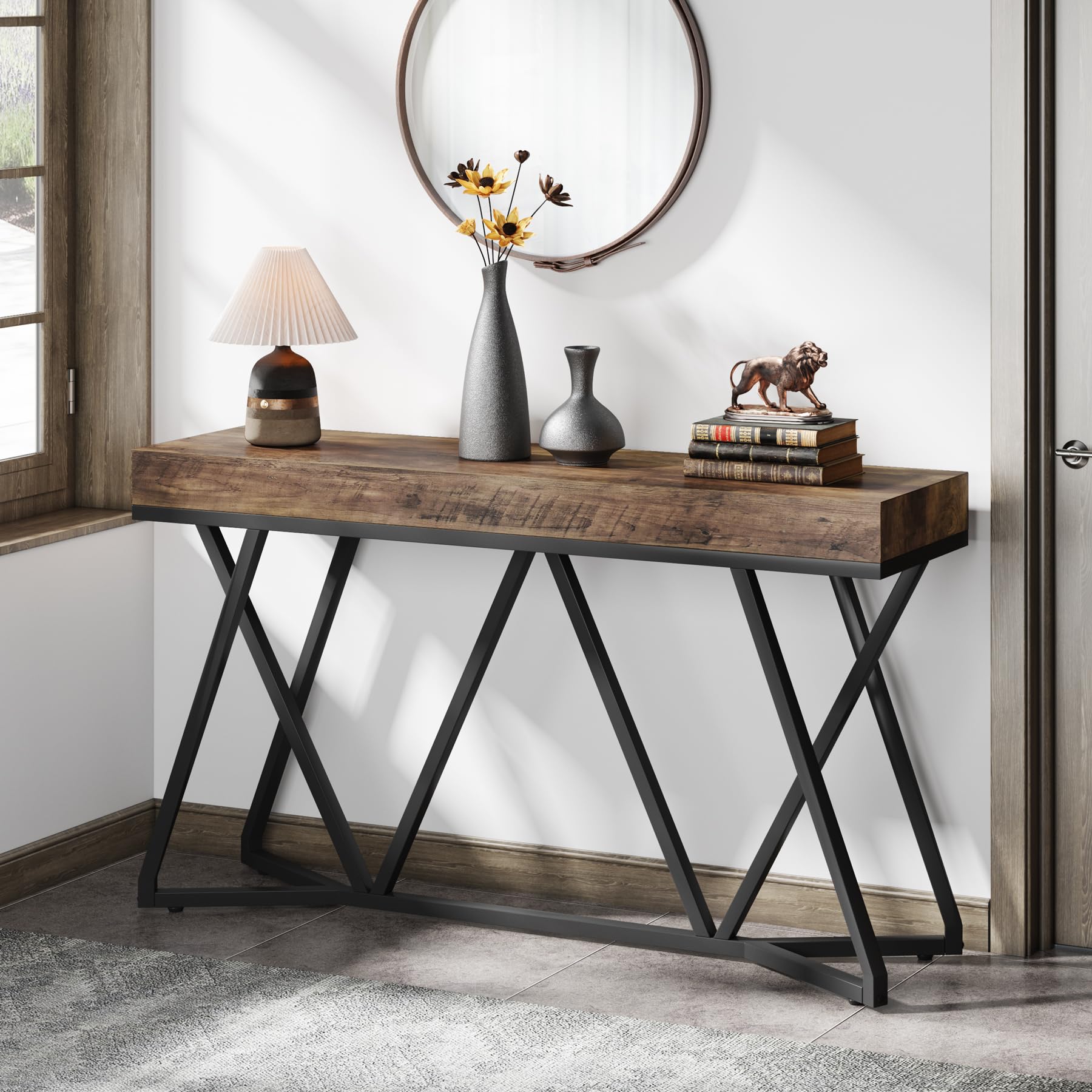 Tribesigns Mesa consola de 140 cm, sofá de granja, mesa de entrada con base metálica única, mesa de exhibición, mesa de vestíbulo, mesa de pasillo industrial para pasillo, salón (marrón)