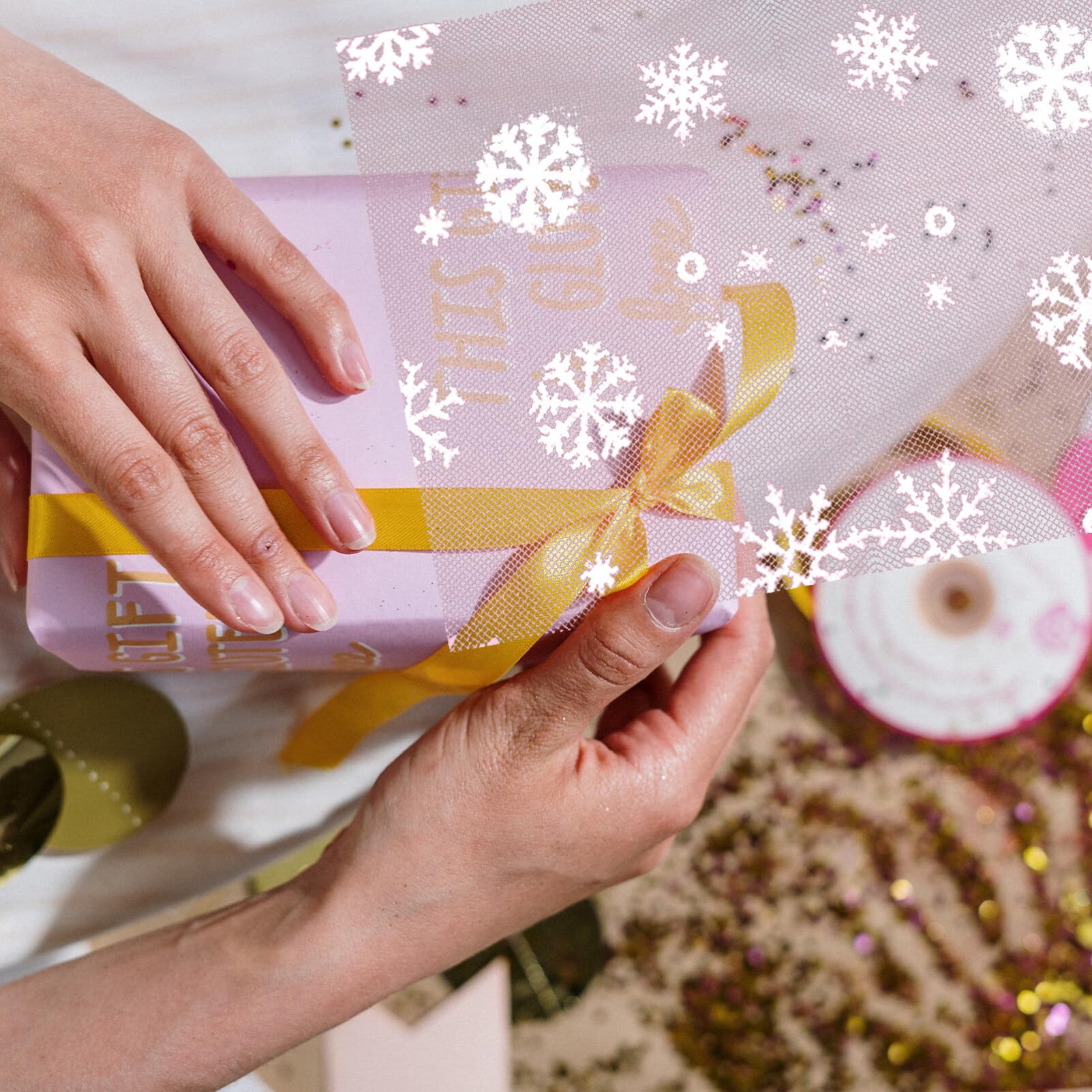 SEWACC 15cm 10Yards Christmas Snowflake Tulle Roll Craft Glitter Organza Snowflake Gauze Xmas Wrapping Ribbon for Christmas Decor Table Runner for Party Decoration (Pink) - Image 2