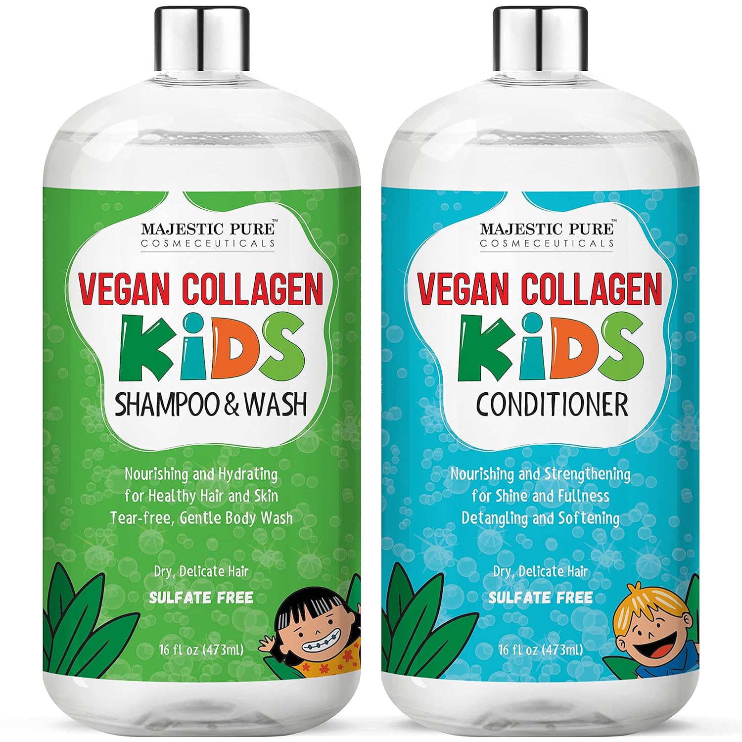 Majestic Pure Kids Shampoo Conditioner Set - with Vegan Collagen- Kids Shampoo and Body Wash - Sulfate Free - Tear & Tangle Free Formula with Naturally Derived Ingredients - Made in USA -16 fl oz each