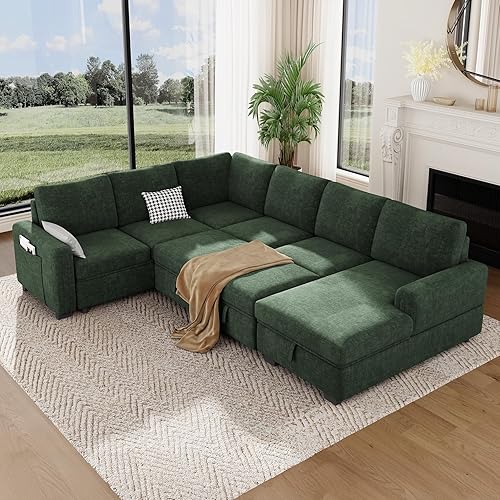 Vesgantti 113.6" Modular Sectional Sofa with Pull Out Couch Bed, 7 Seater U Shaped Sleeper Sofa with Storage Chaise, Chenille Sectional Couch for Living Room, Bedroom, Apartment, Green