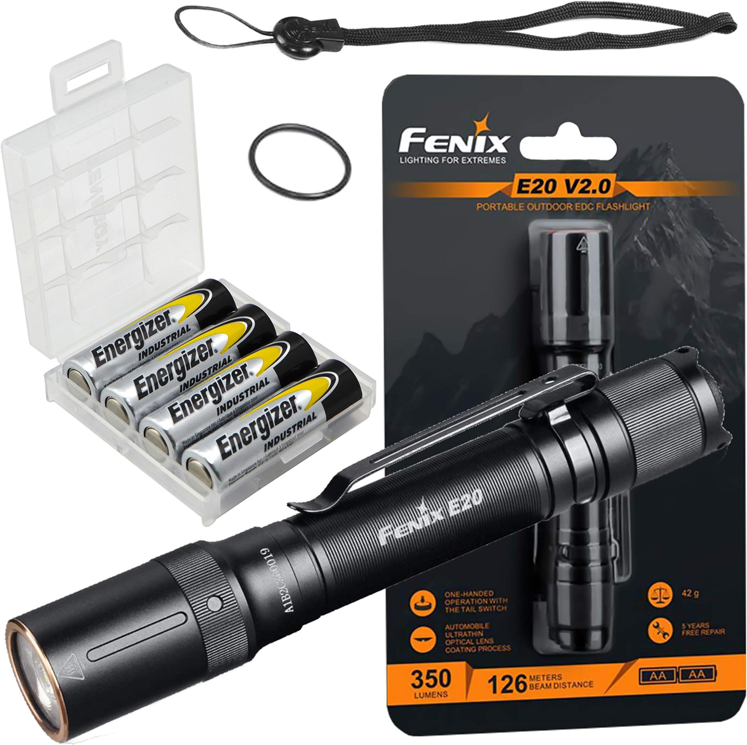 Fenix E20 V2.0 350 Lumens Flashlight with 4 Extra AA Batteries and a Lightjunction Battery Case