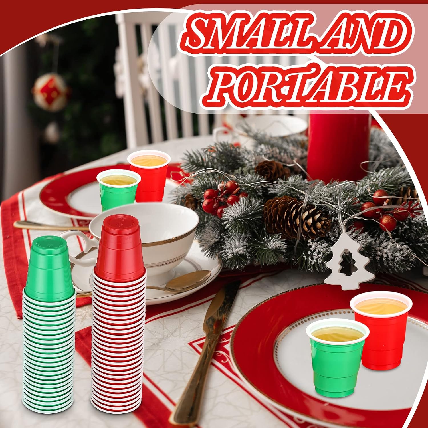 Roshtia 100 Pack 2 oz Christmas Shot Disposable Cups Red Green Shot Glasses Small Plastic Cups for Christmas, New Year Party, Wedding, Beer Taste Serving, Snacks