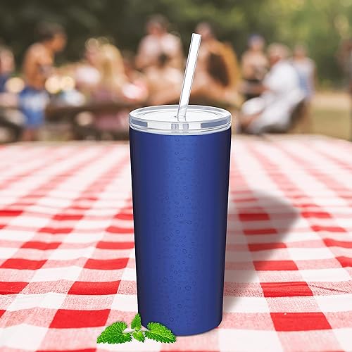 Miniatura 8 de DISCOUNT PROMOS 6 Mira - Juego de vasos de acero inoxidable con pajilla, 16 onzas, texto personalizable, logotipo, doble pared, tapa de Tritan - Azul
