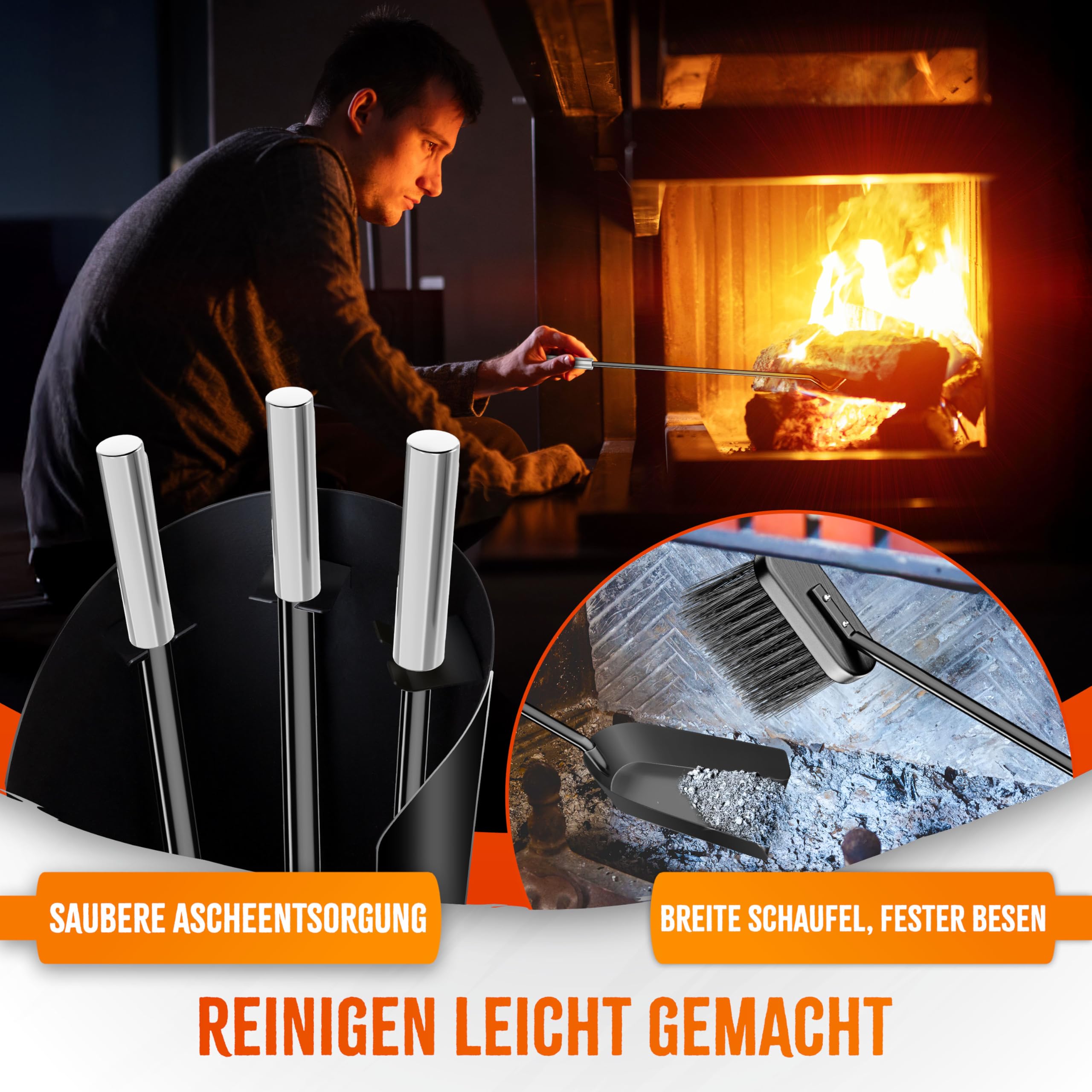 Set attrezzi per camino 3 pezzi in acciaio e legno Nero - Set 4 L