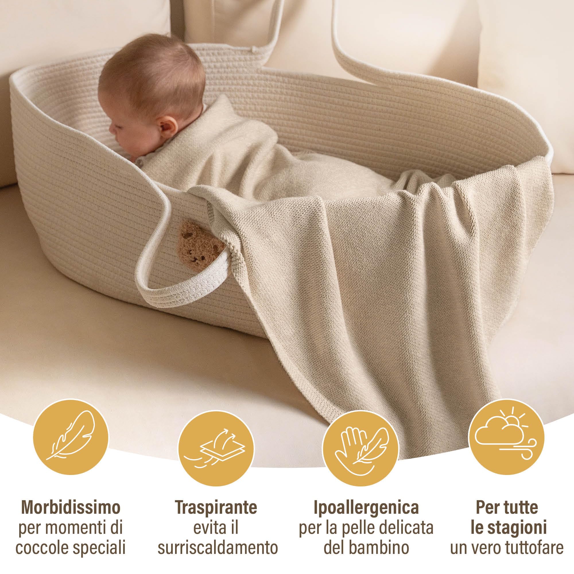 Merle Toys® Premium Coperta Neonato Cotone, 100% Biologica, Copertina Neonato Cotone Estiva e Inverno, Traspirante, Morbida e Termoregolatrice, Certificata GOTS, OEKO-TEX 100, 80x100cm, Beige