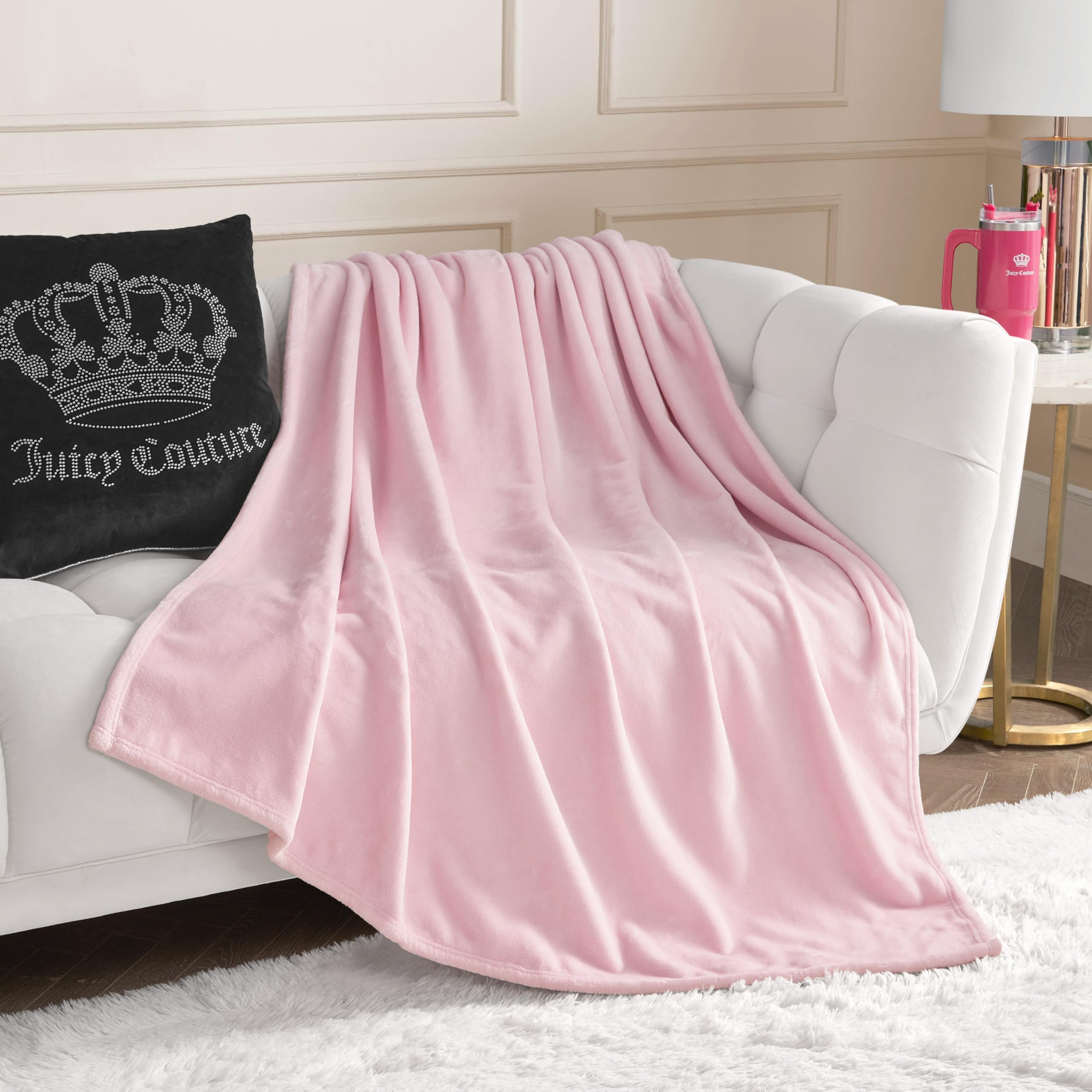 Juicy Couture Solid Plush 50"X70" Throw Blanket, Pink Marshmallow - Soft, Cozy, and Designed for Effortless Glam