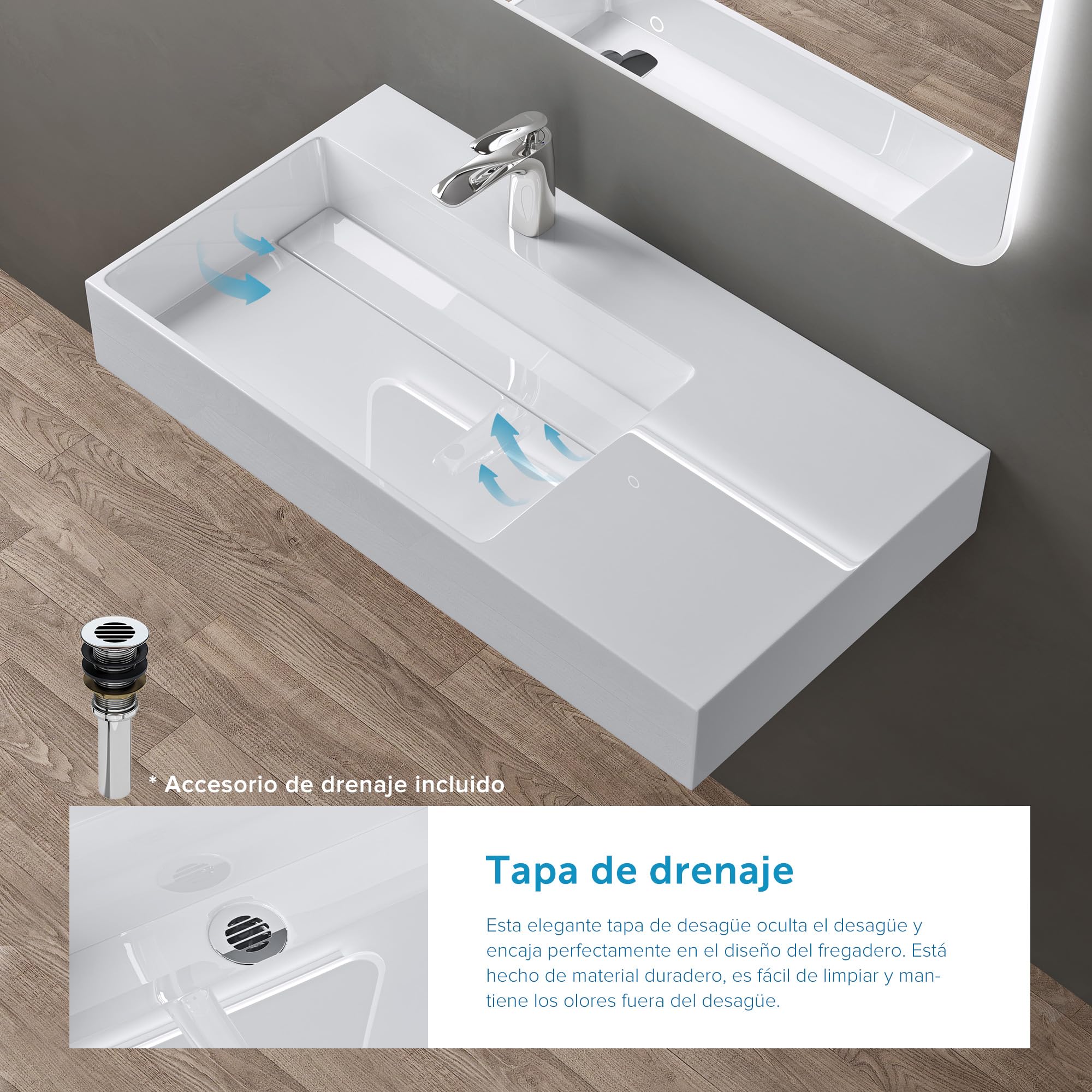 doporro Lavabo sobre Encimera o Suspendido 100x48x13 cm, Mármol Fundido Blanco, Desagüe Oculto, Lavabo Izquierdo, Colossum12