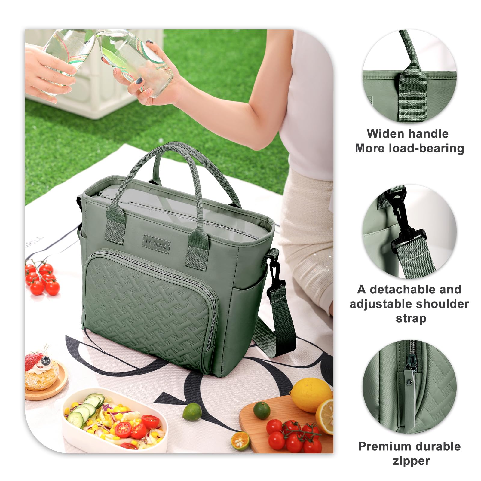 Lonchera aislada para hombres y mujeres, bolsa térmica grande a prueba de fugas con correa extraíble, fiambrera, bolsa de almuerzo reutilizable para adultos, para el trabajo, picnic y viajes, color