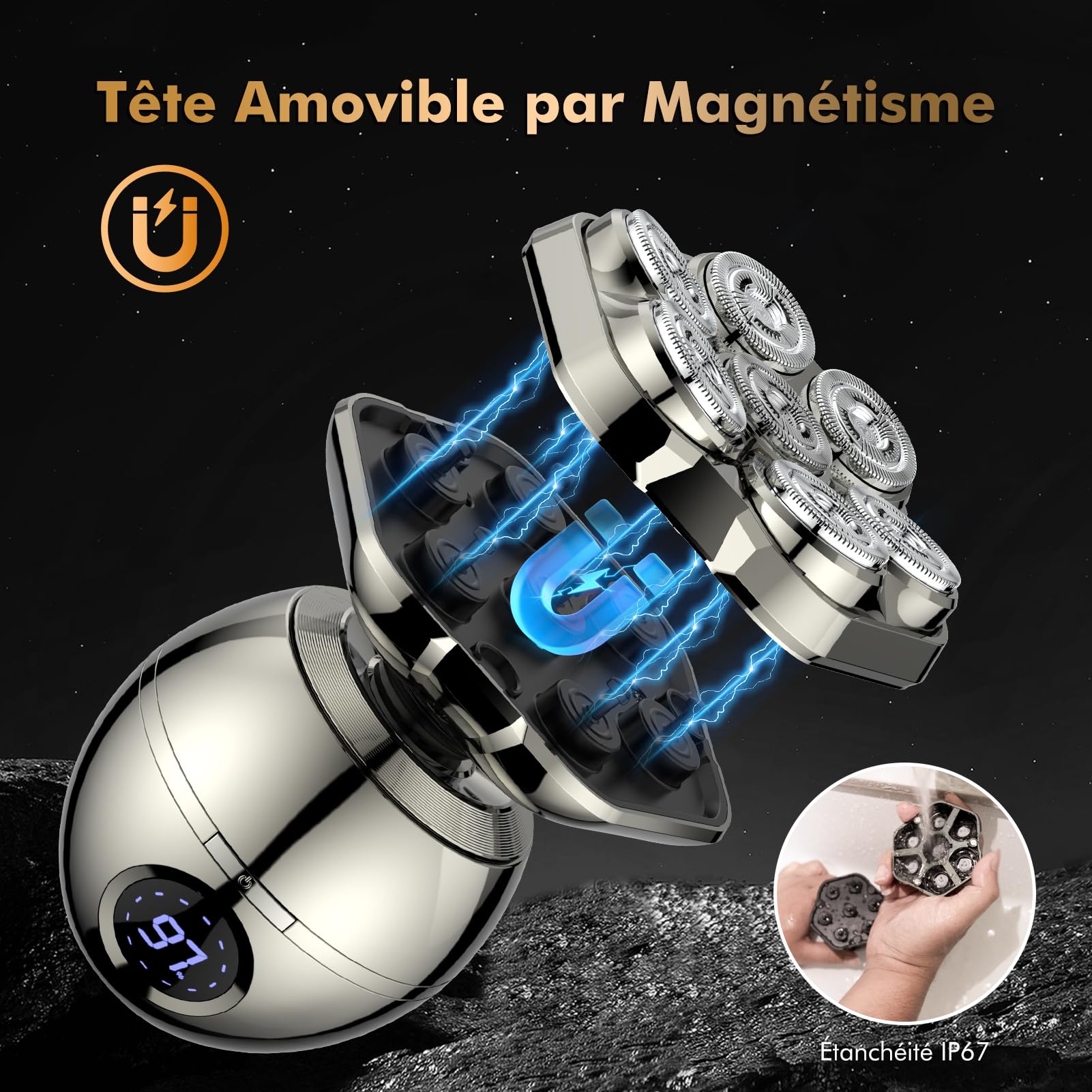 Rasoir Tete Chauve Homm,7D Rasoir Electriques Hommes Cheveux-6 en 1 Tondeuse Crane Chauve, Rasoir Chauve magnétique amovible, Humide/Sec Étanche IPX7 pour Hommes Chauves avec Écran LED