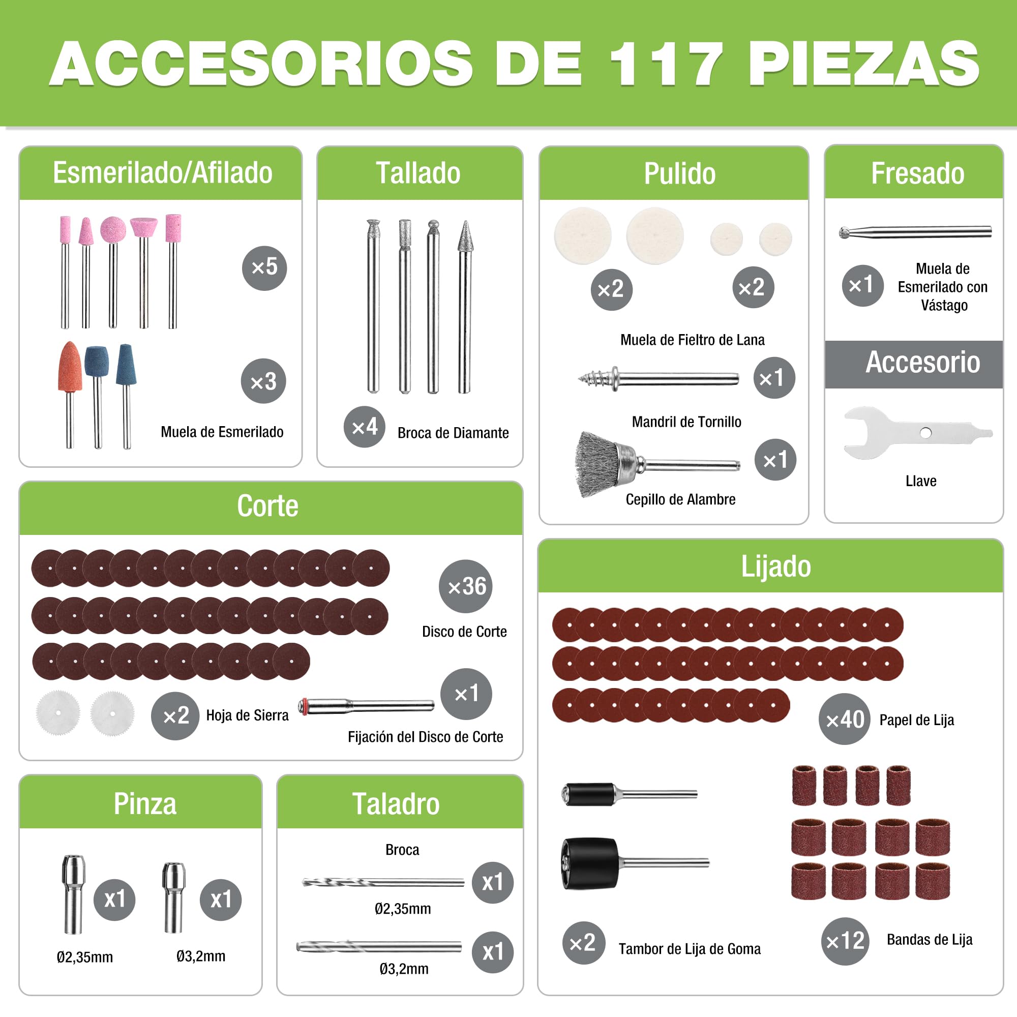 WORKPRO Amoladora Inalámbrica 7,2V, Multiherramienta con 117 Accesorios, Herramienta Rotativa con 6 Velocidades Variables 30000 RPM, Bolsa de Almacenamiento, para Cortar, Esmerilar, Grabar, Perforar | Herramienta Rotativa con 6 Velocidades Variables 30000