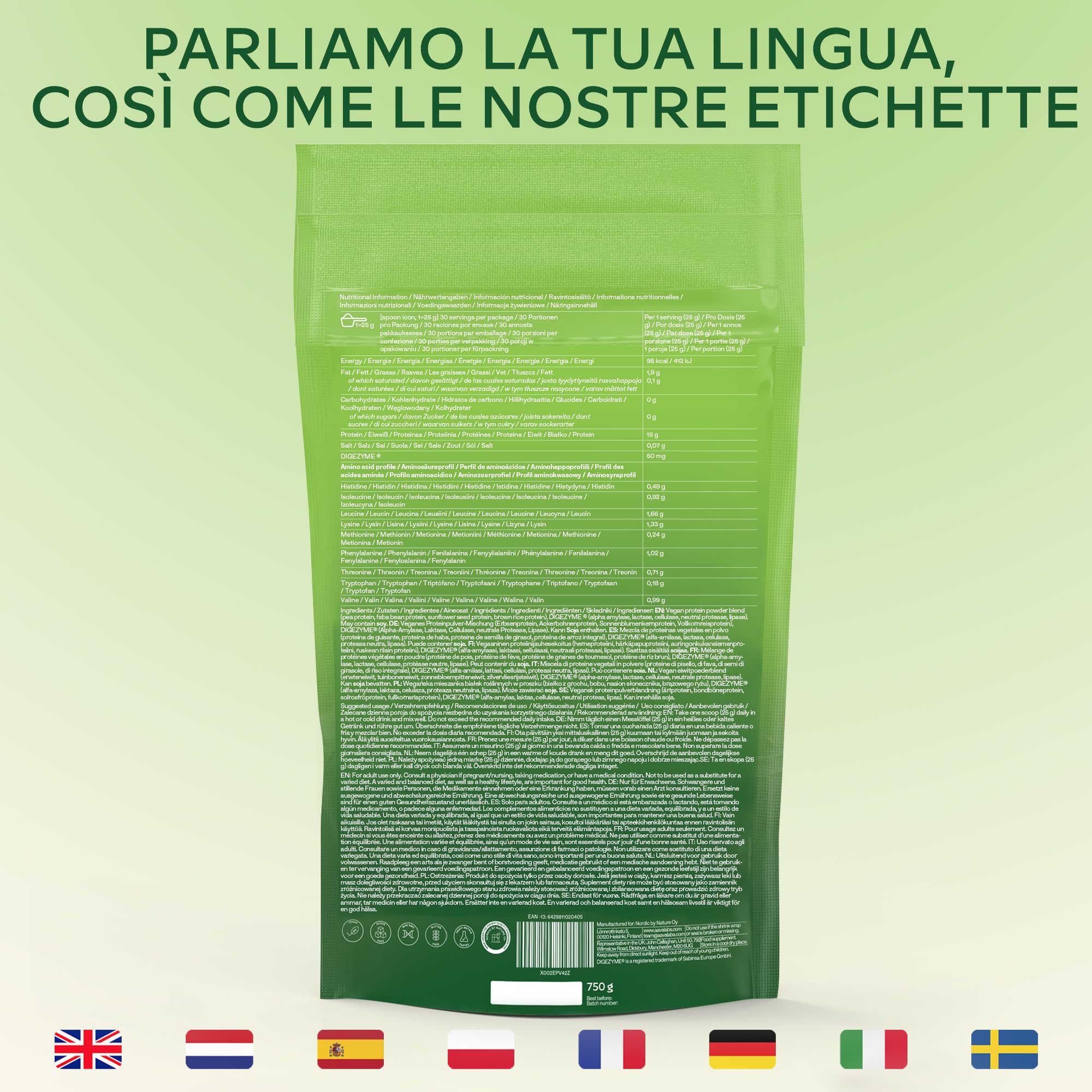 Proteine in Polvere Vegane Neutre 750g DIGEZYME® | 19g Proteine Vegetali da Riso, Pisello (Pea), Fava, Girasole, senza Lattosio, Zucchero, Edulcoranti, Glutine - 9 EEA e BCAA - Vegan Protein Powder