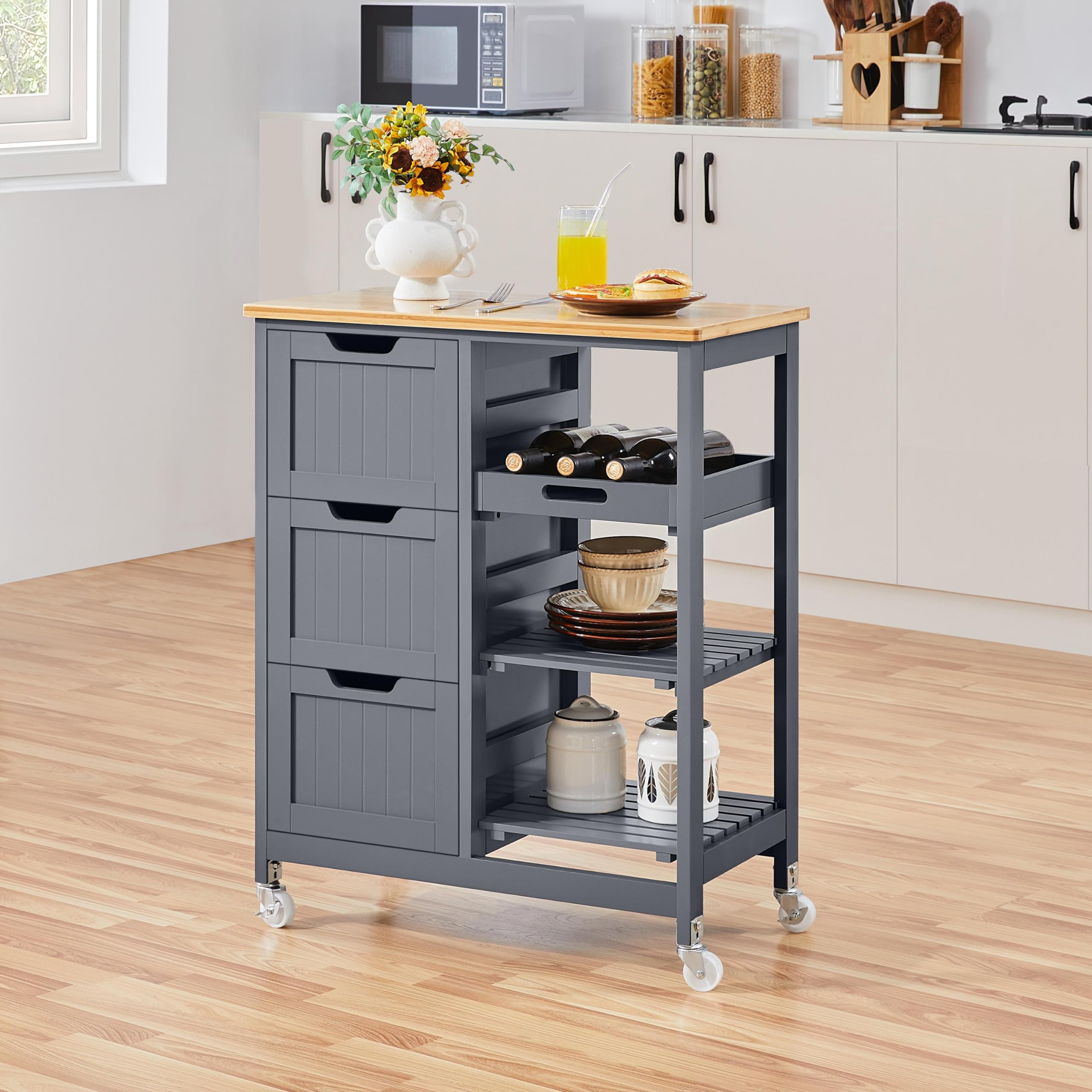 Yaheetech Carrito de Cocina 4 Ruedas Carro de Almacenamiento con 3 Cajones y 3 Estantes Carrito de Servicio de Madera 67 x 37 x 84,5 cm Gris Oscuro
