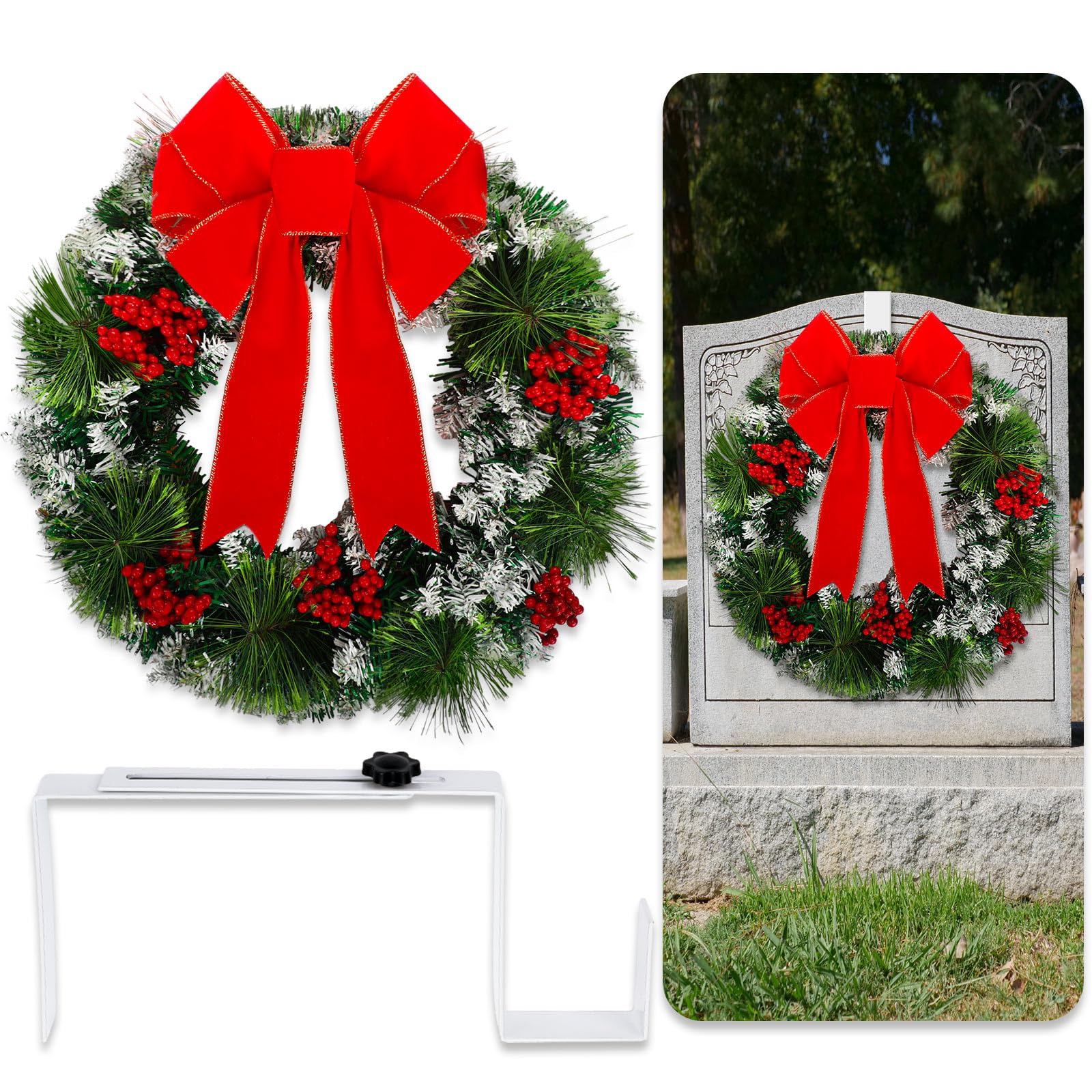 Hotop 2 Pcs Christmas Headstone Wreath Hanger Set for Cemetery with Christmas Memorial Wreath for Grave Red Bowknot Natural Pine Cones Red Berries Wreath for Grave Marker Gravestone Decorations