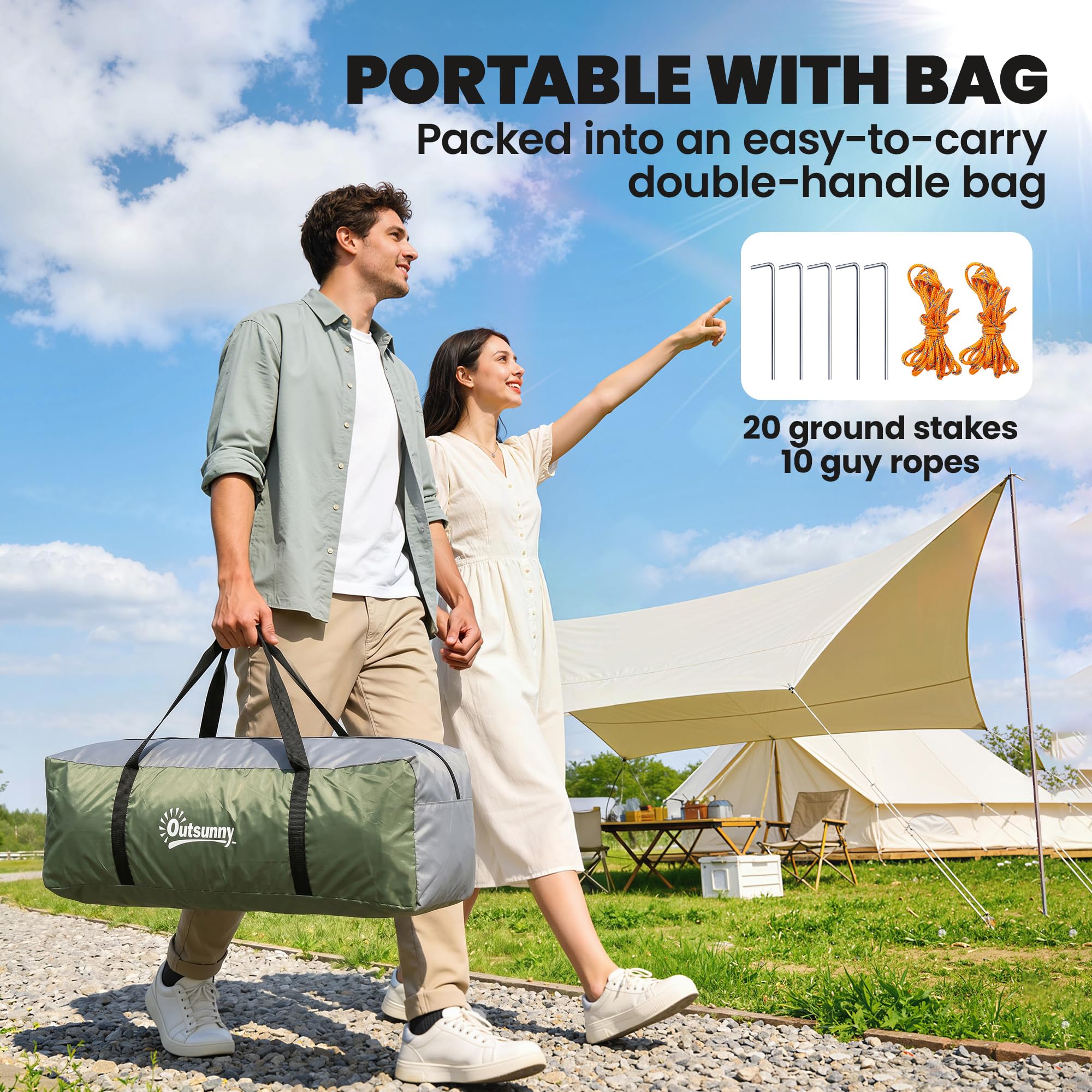 Outsunny Tenda da campeggio per famiglie per 2 persone, tenda a tunnel ventilata, facile da montare, camera da letto, soggiorno, 3 porte, finestre, 4,26 x 2,06 x 1,54 m, fibra di vetro poliestere PE