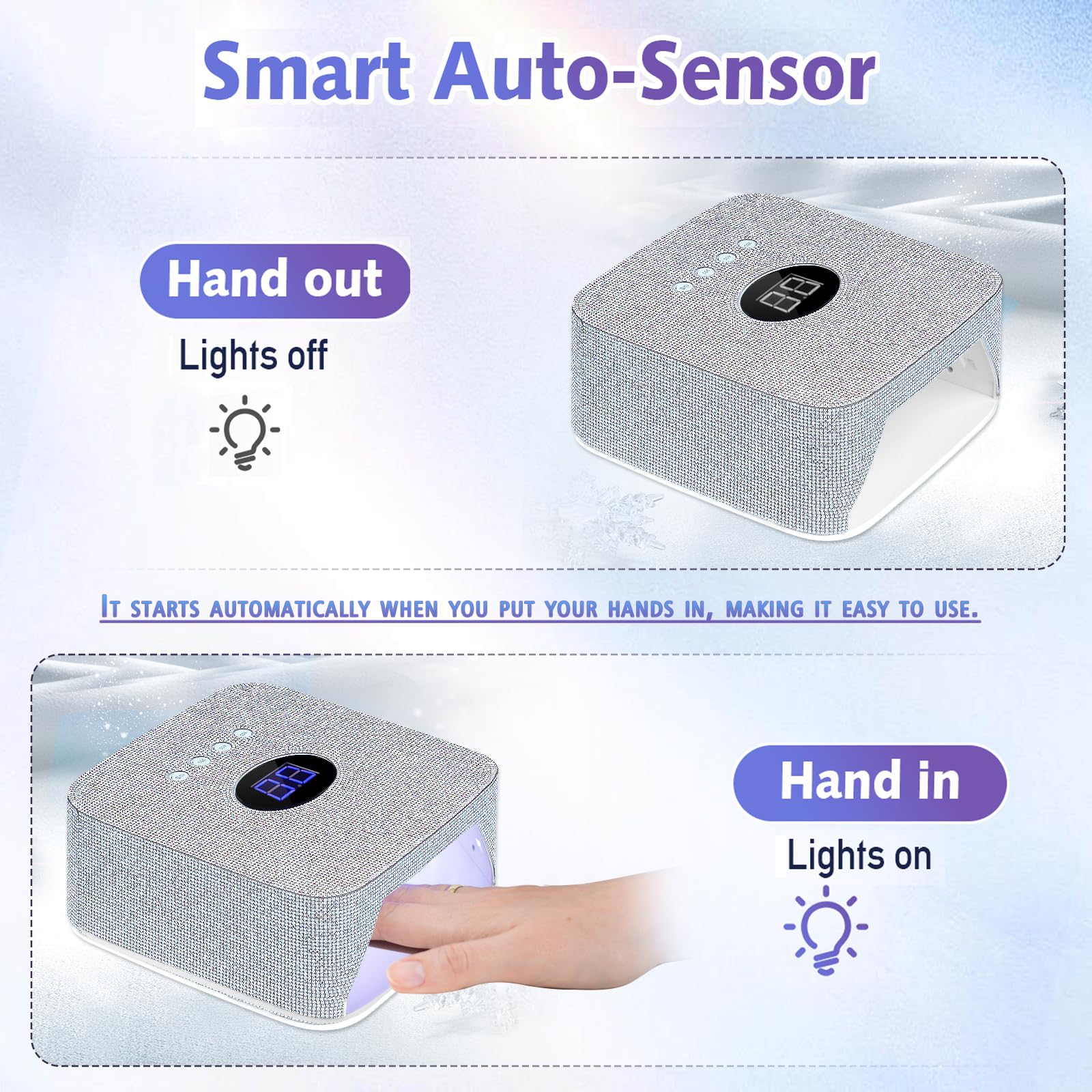 AZ GOGO Lámpara de uñas profesional recargable, 72W Lámpara UV/LED para uñas, secadora de uñas para gel, 3 temporizadores (30/60/99s) con strass, ideal para manicura en casa o salón
