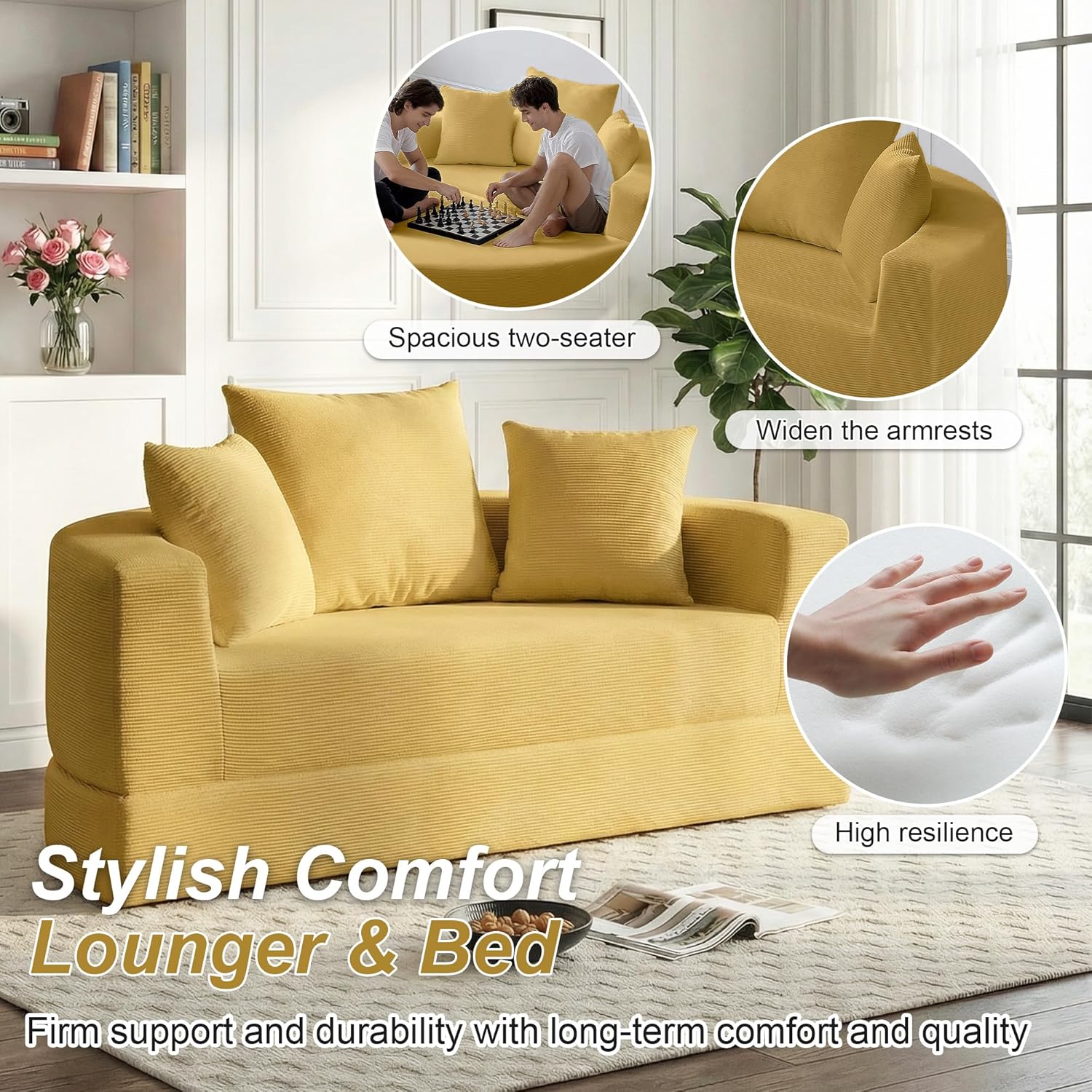 Casaphoria 67'' Sleeper Sofa for Small Spaces,Convertible Foldable Couch Bed with Armrests,Space Saving Guest Bed for Apartments,Dorms,Living Room(Yellow)