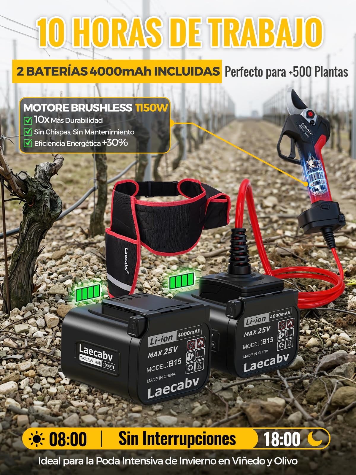 Laecabv LA42S Tijeras de Podar Eléctricas Profesionales 42mm, 2 Baterías 4Ah (8-10h), con Mochila y Cable para Aliviar Peso, Motor sin Escobillas 1150W, Olivo y Viñedo