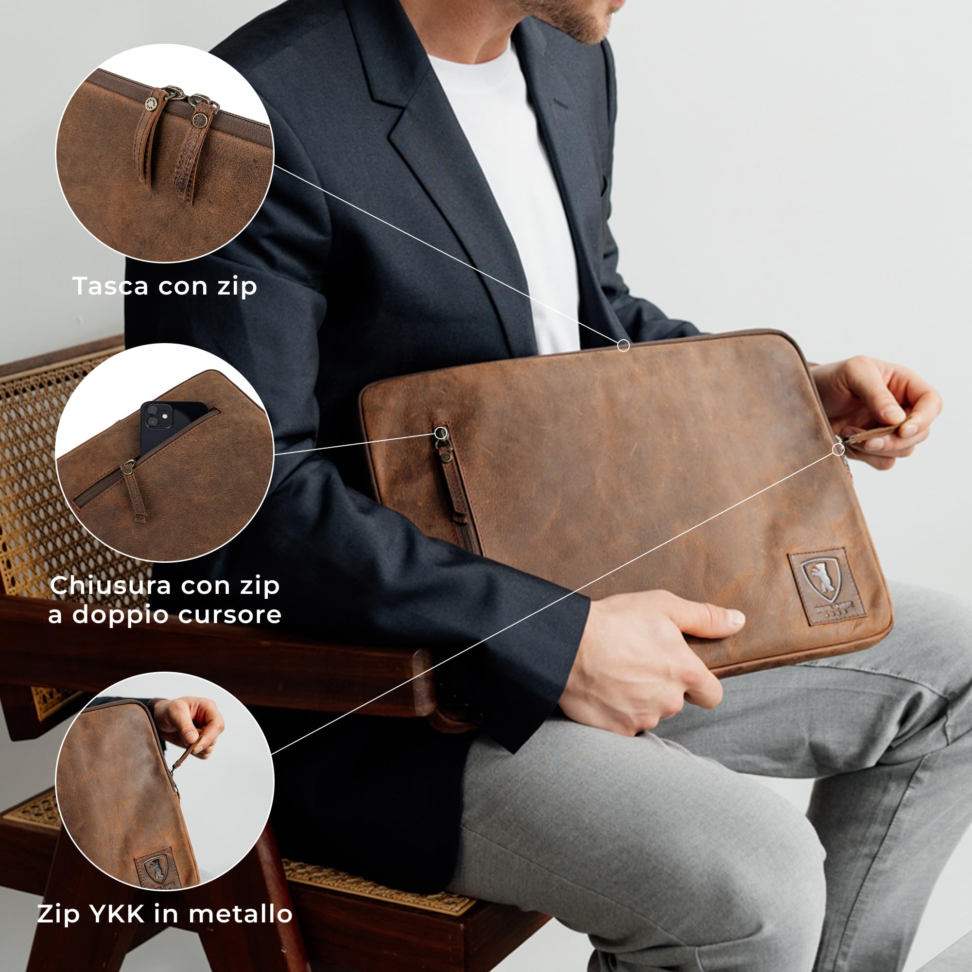 Berliner Bags Custodia per Laptop Nico Pollici in Vera Pelle Bovina, Sleeve Porta Computer con Zip e Tasca Esterna, Unisex – Marrone