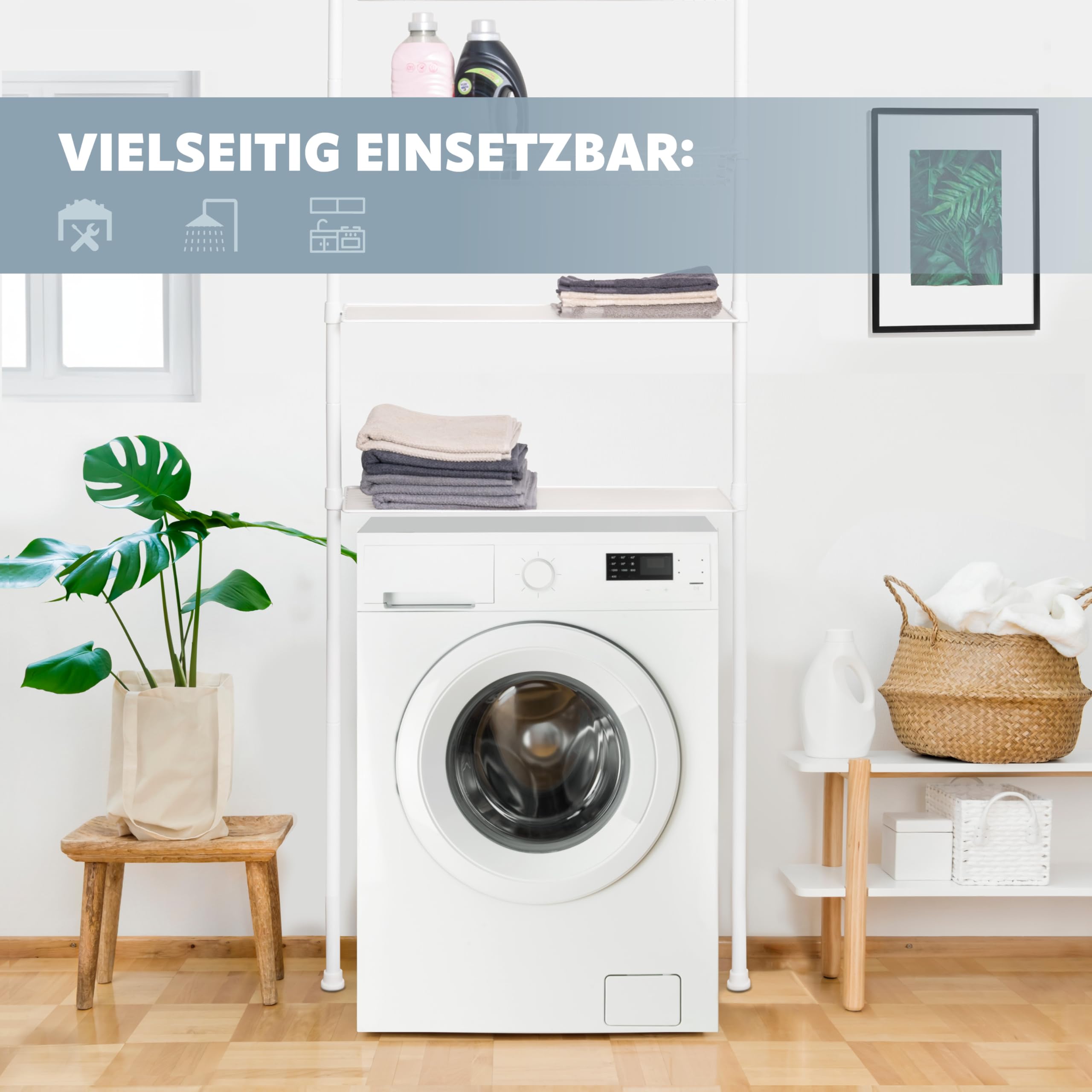 bremermann Teleskop-Regal mit 2 Körben 2 Ablagen, Badregal, Waschmaschinenregal, Allzweckregal für viele Wohnbereiche geeignet, Teleskop-Stange höhenverstellbar bis max. ca. 290 cm (Weiß)