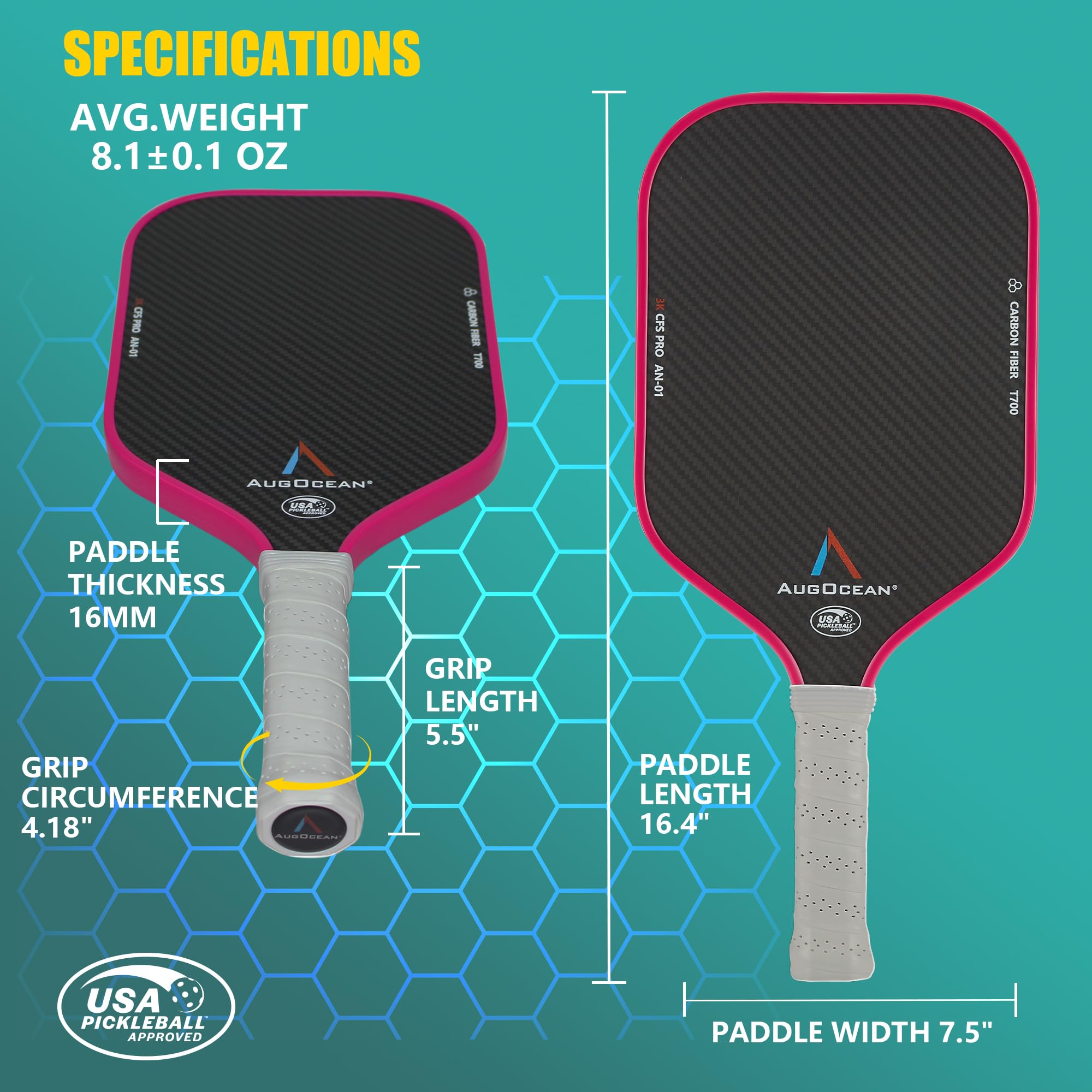 Pickleball-Paddel, USAPA-zugelassenes Pickleball-Paddel-Set Pro, 3K Rohkohlefaser, strukturierte Oberfläche mit hoher Körnung und Drehung, 16 mm langlebig, T700SC Kohlefaser, Pickle-Ball-Schläger für
