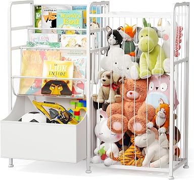 BBLIKE Kids Bookshelf and Toy Storage with Toy Bins, Stuffed Animal Storage | 31.49"x30.9"x11.81", Wood and Metal Frame, Anti-Tip Belt, Removable Toy Chest, Toy Organizer for Nursery, Playroom, White