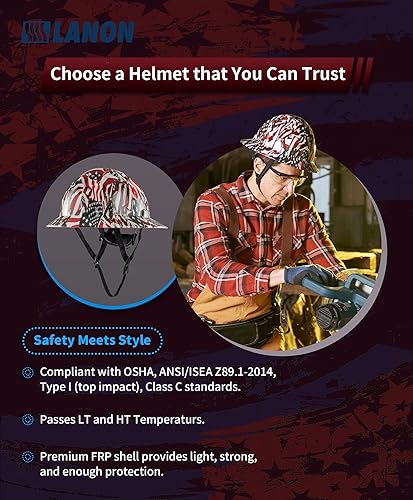 Vista 20 de LANON - Casco duro de ala completa, aprobado por OSHA para trabajos de construcción, diseño en color gris carbón, casco de seguridad de FRP